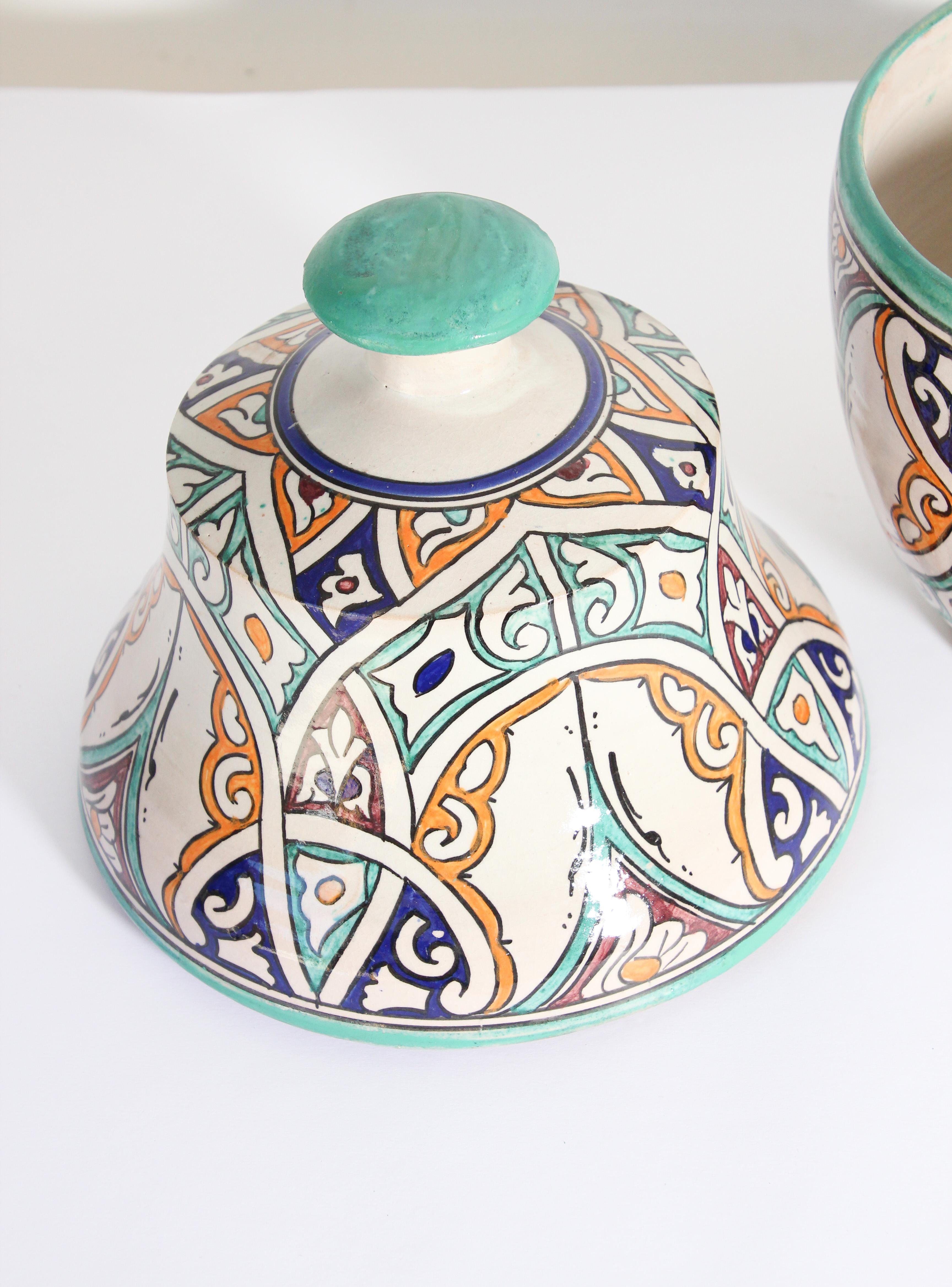 Moorish Ceramic Glazed Covered Jar Handcrafted in Fez Morocco 5