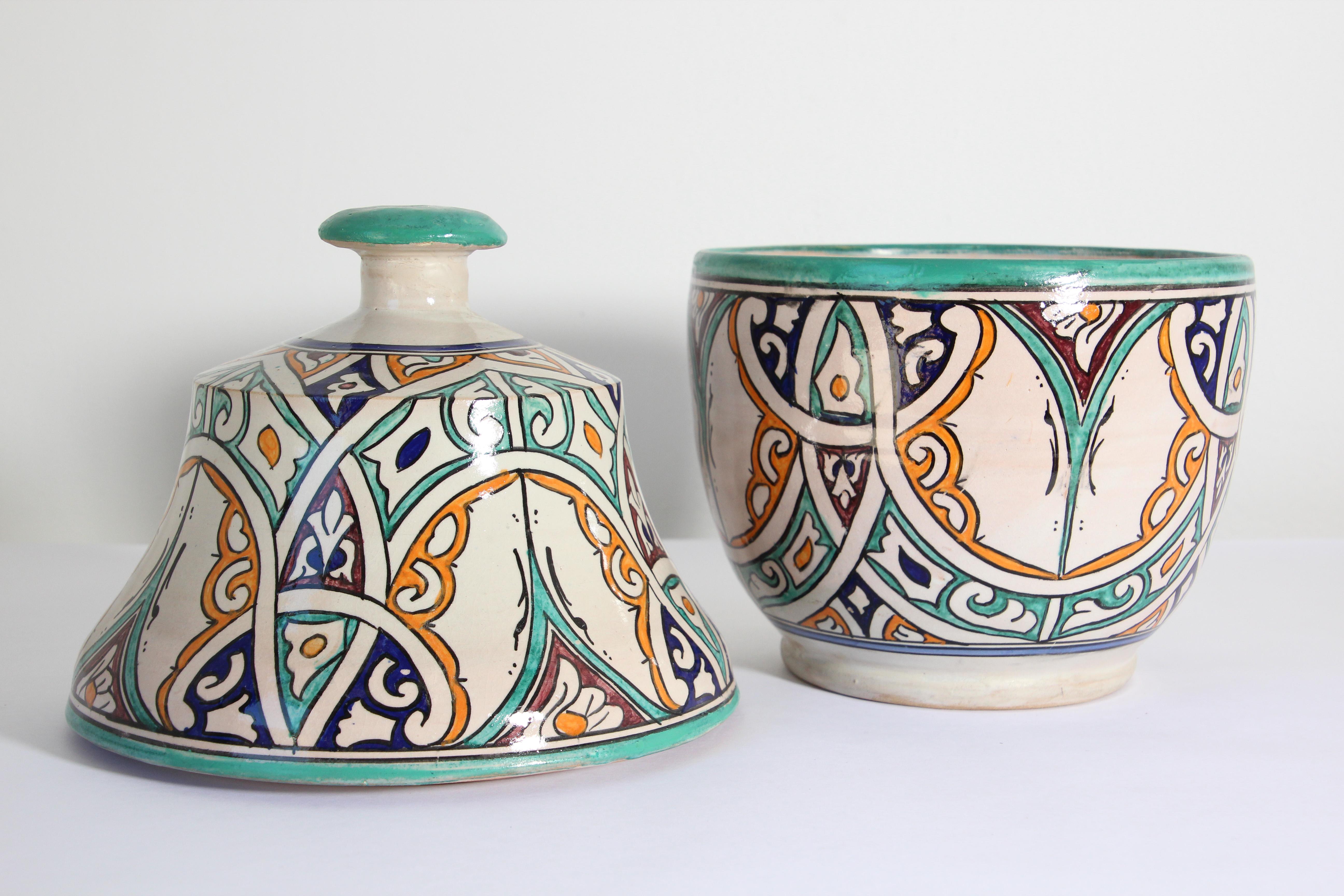 Moorish Ceramic Glazed Covered Jar Handcrafted in Fez Morocco 6