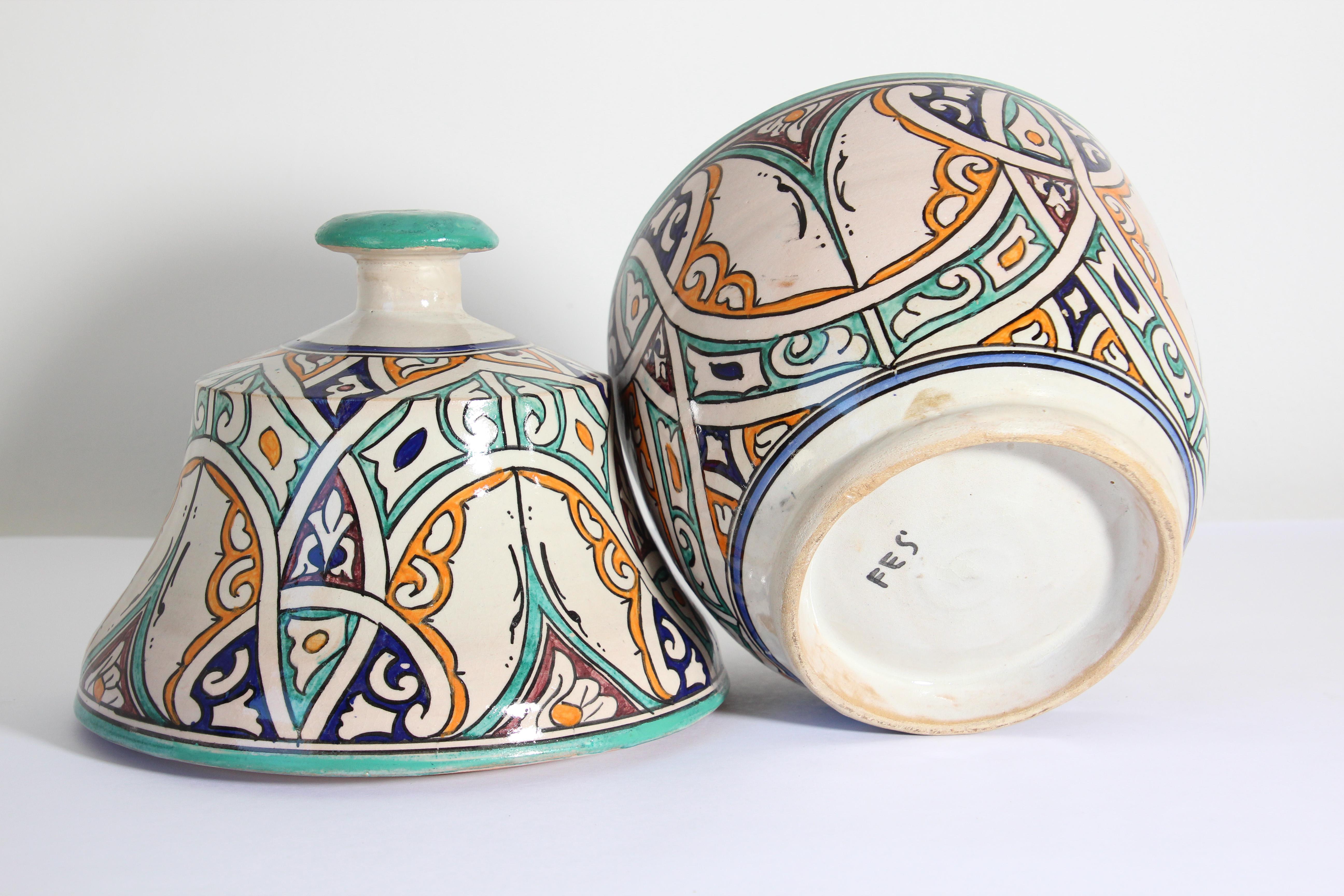 Moorish Ceramic Glazed Covered Jar Handcrafted in Fez Morocco 7