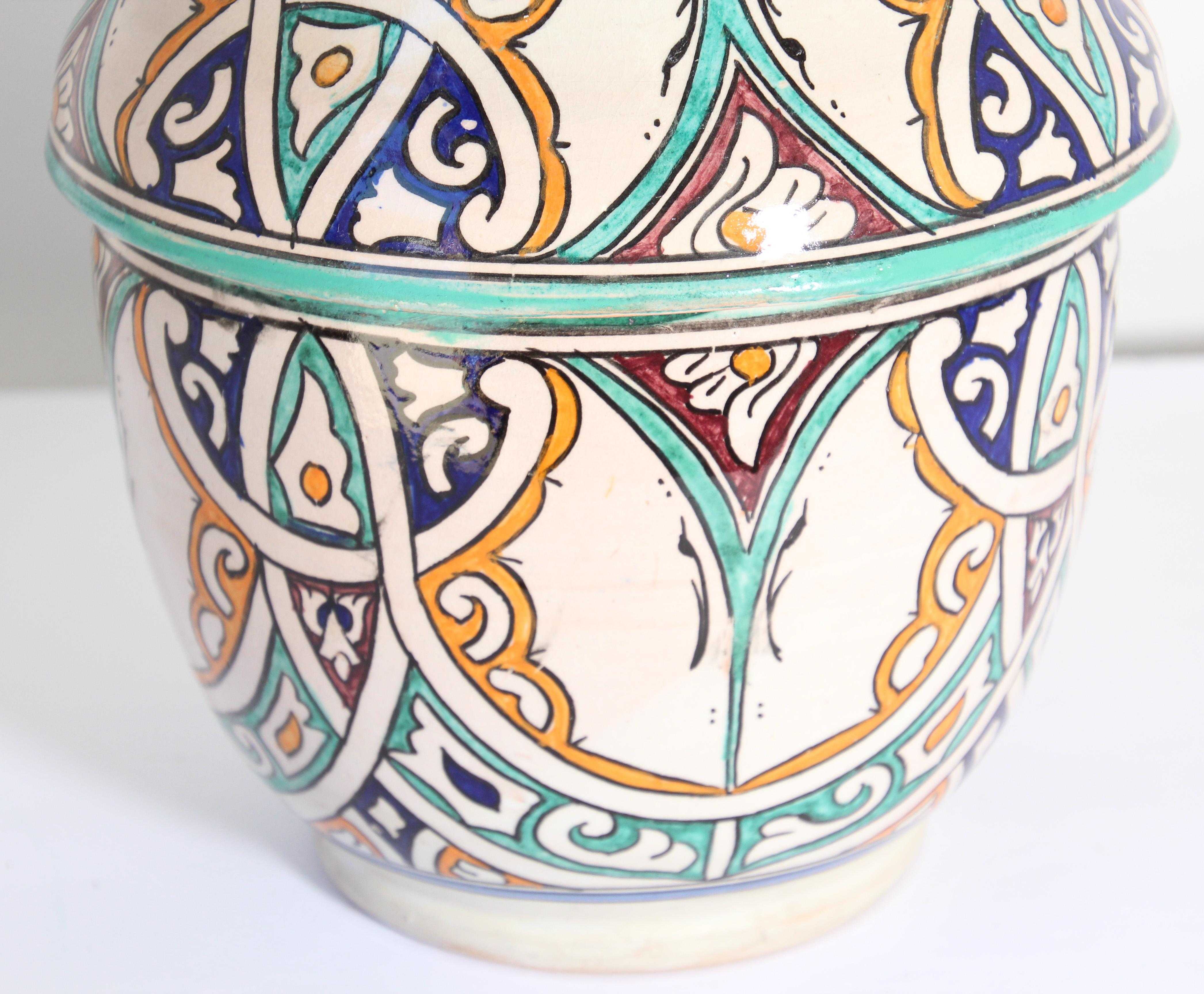 Islamic Moorish Ceramic Glazed Covered Jar Handcrafted in Fez Morocco