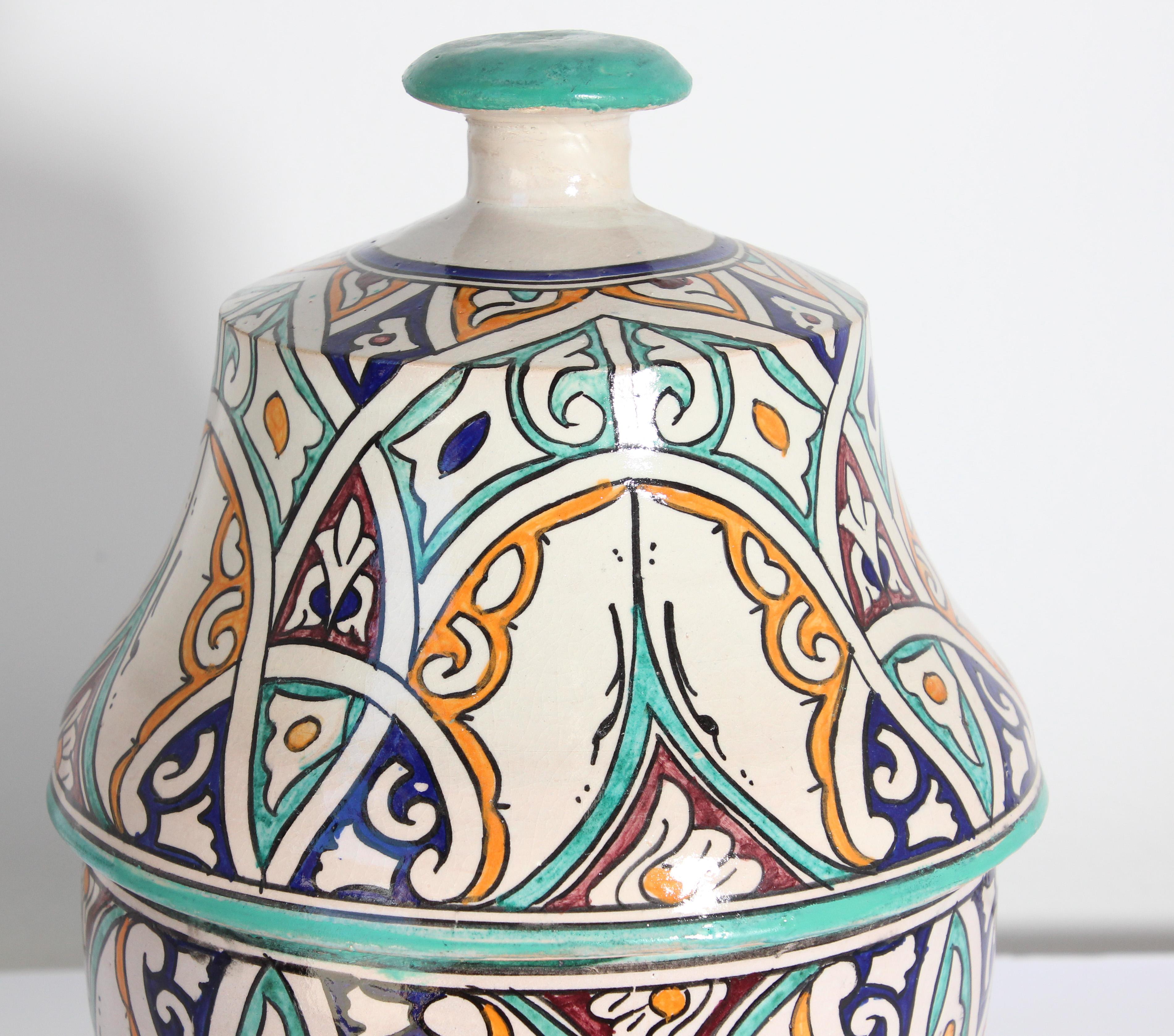 Moroccan Moorish Ceramic Glazed Covered Jar Handcrafted in Fez Morocco