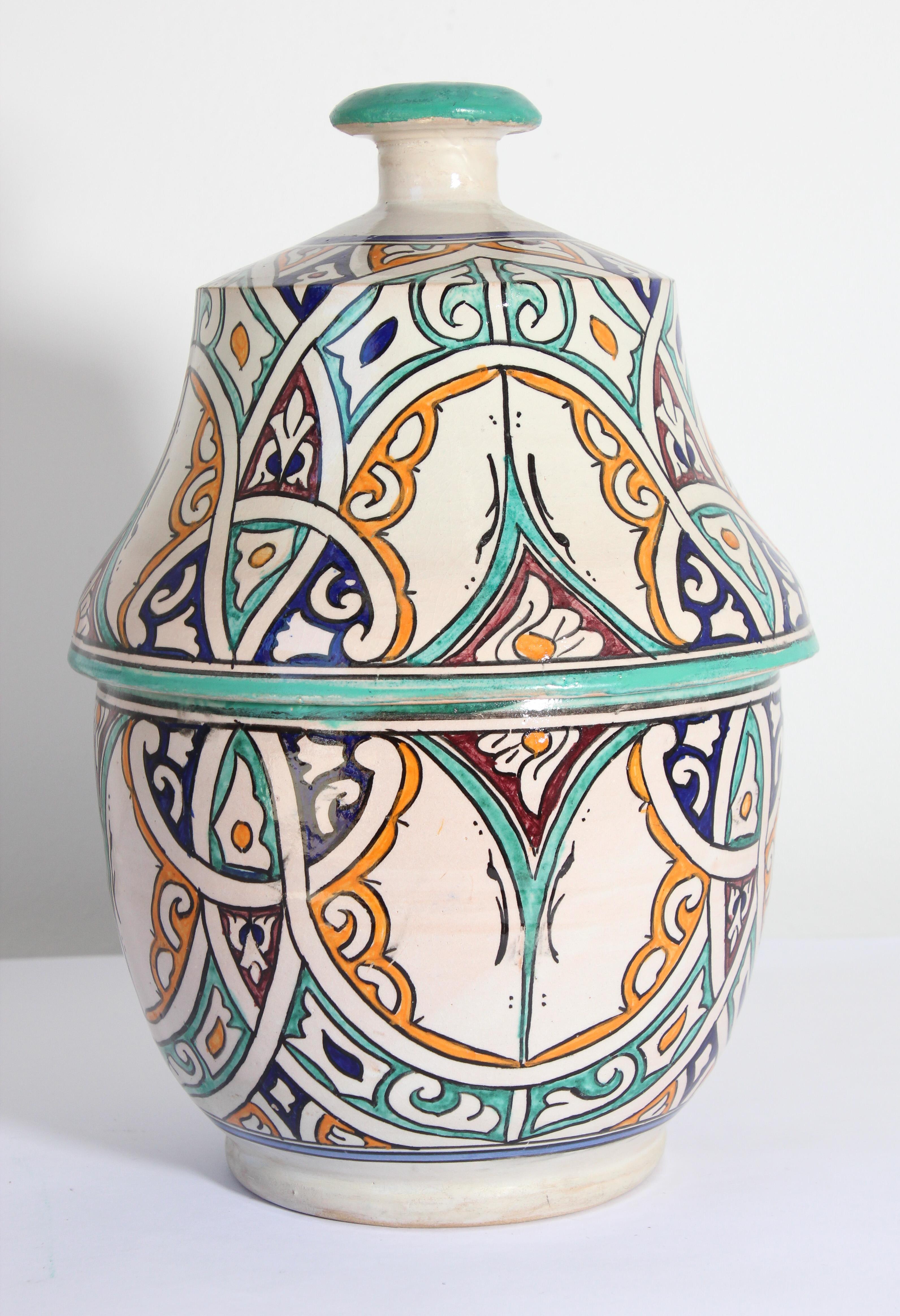 Hand-Crafted Moorish Ceramic Glazed Covered Jar Handcrafted in Fez Morocco