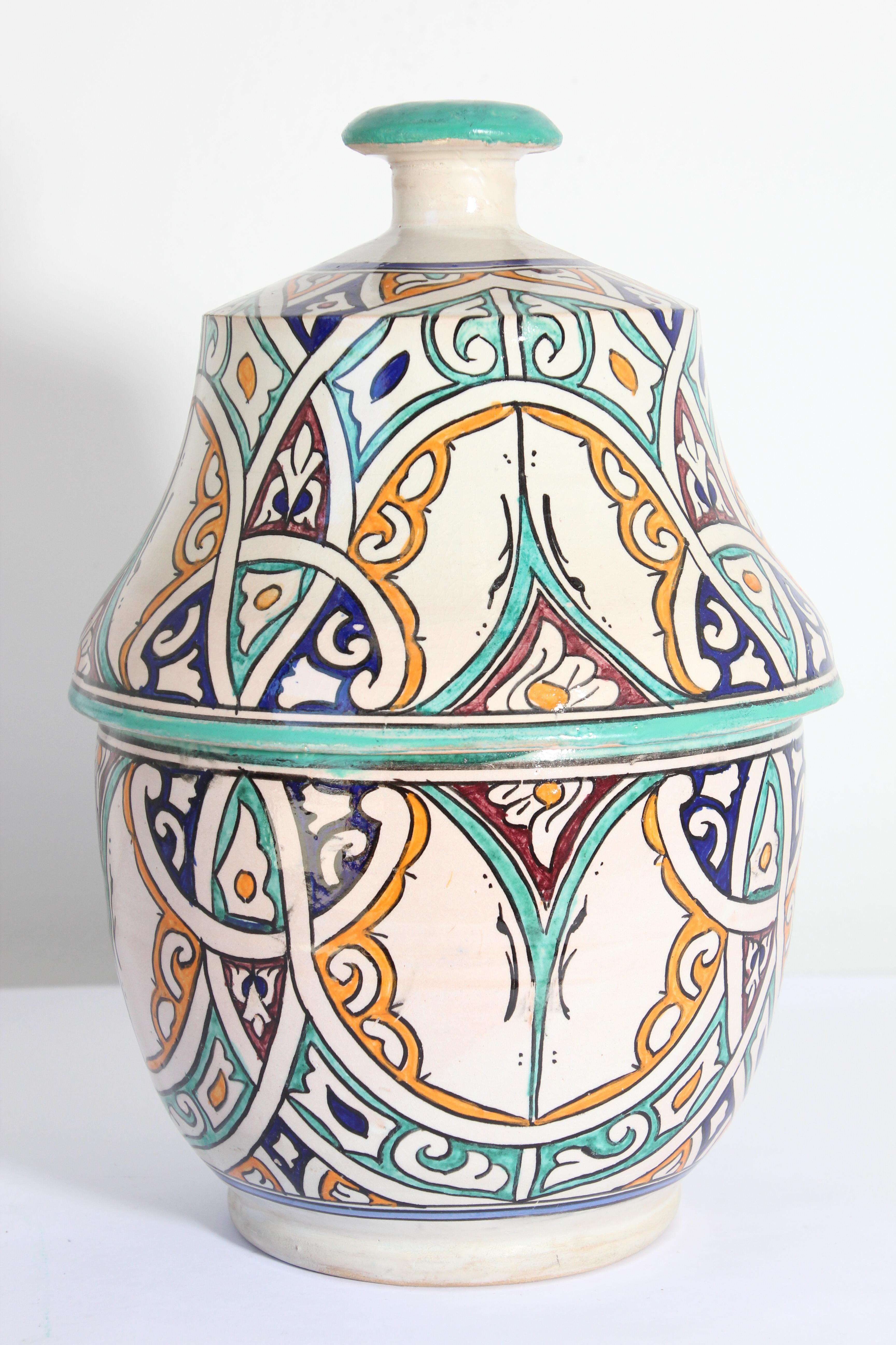 Moorish Ceramic Glazed Covered Jar Handcrafted in Fez Morocco In Good Condition In North Hollywood, CA