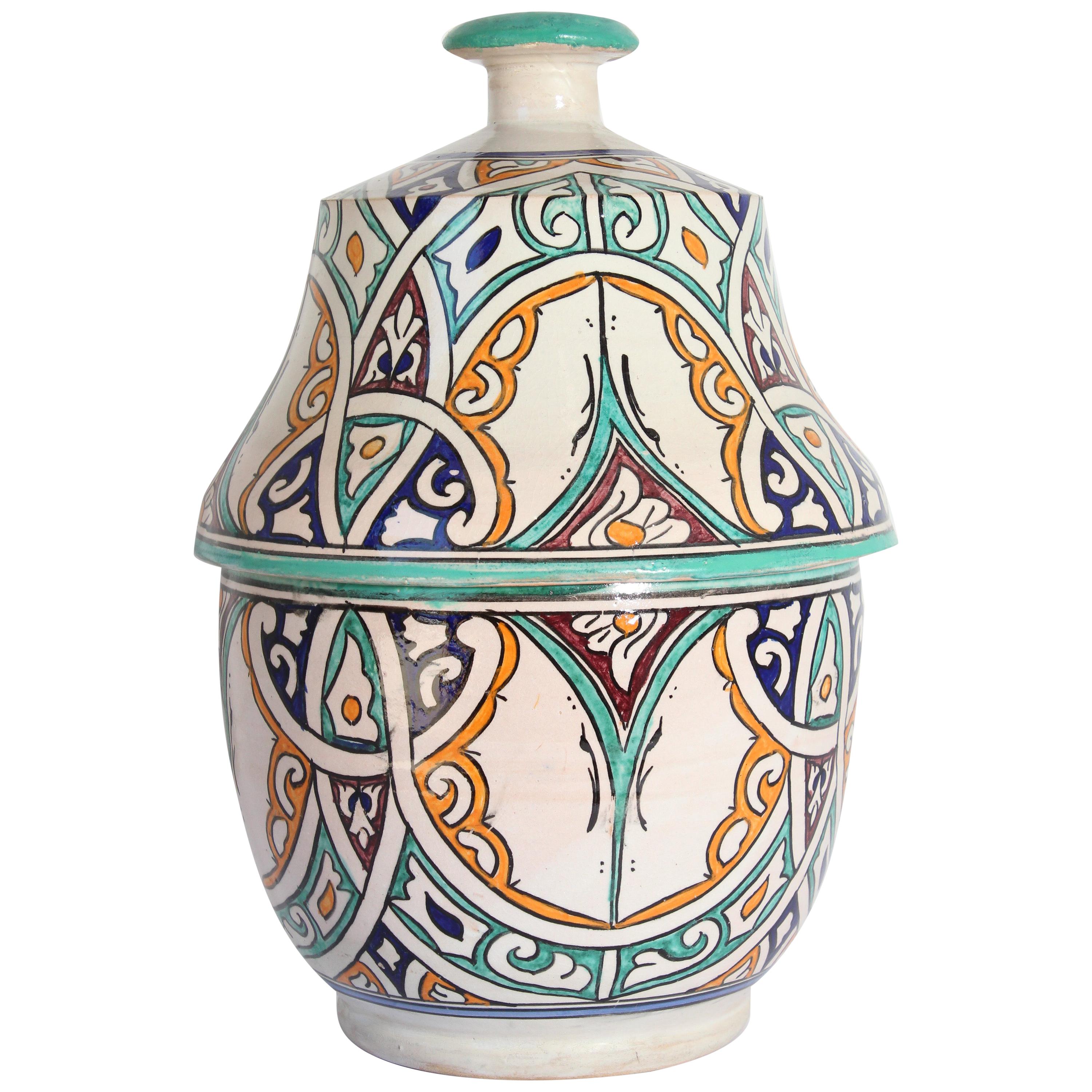 Moorish Ceramic Glazed Covered Jar Handcrafted in Fez Morocco