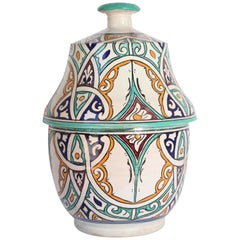 Vintage Moorish Ceramic Glazed Covered Jar Handcrafted in Fez Morocco