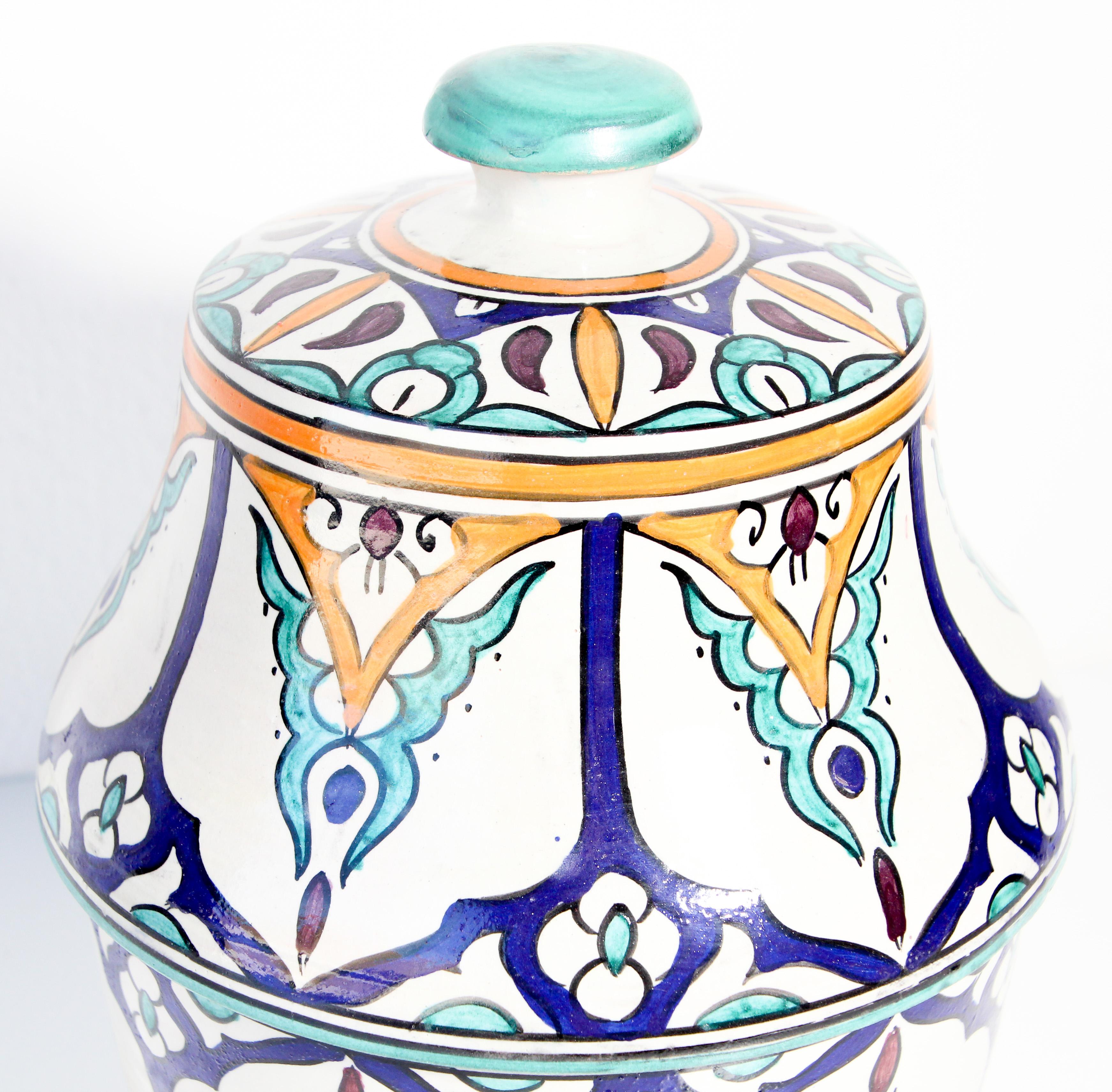 Moorish Ceramic Glazed Covered Jars Handcrafted in Fez Morocco For Sale 3