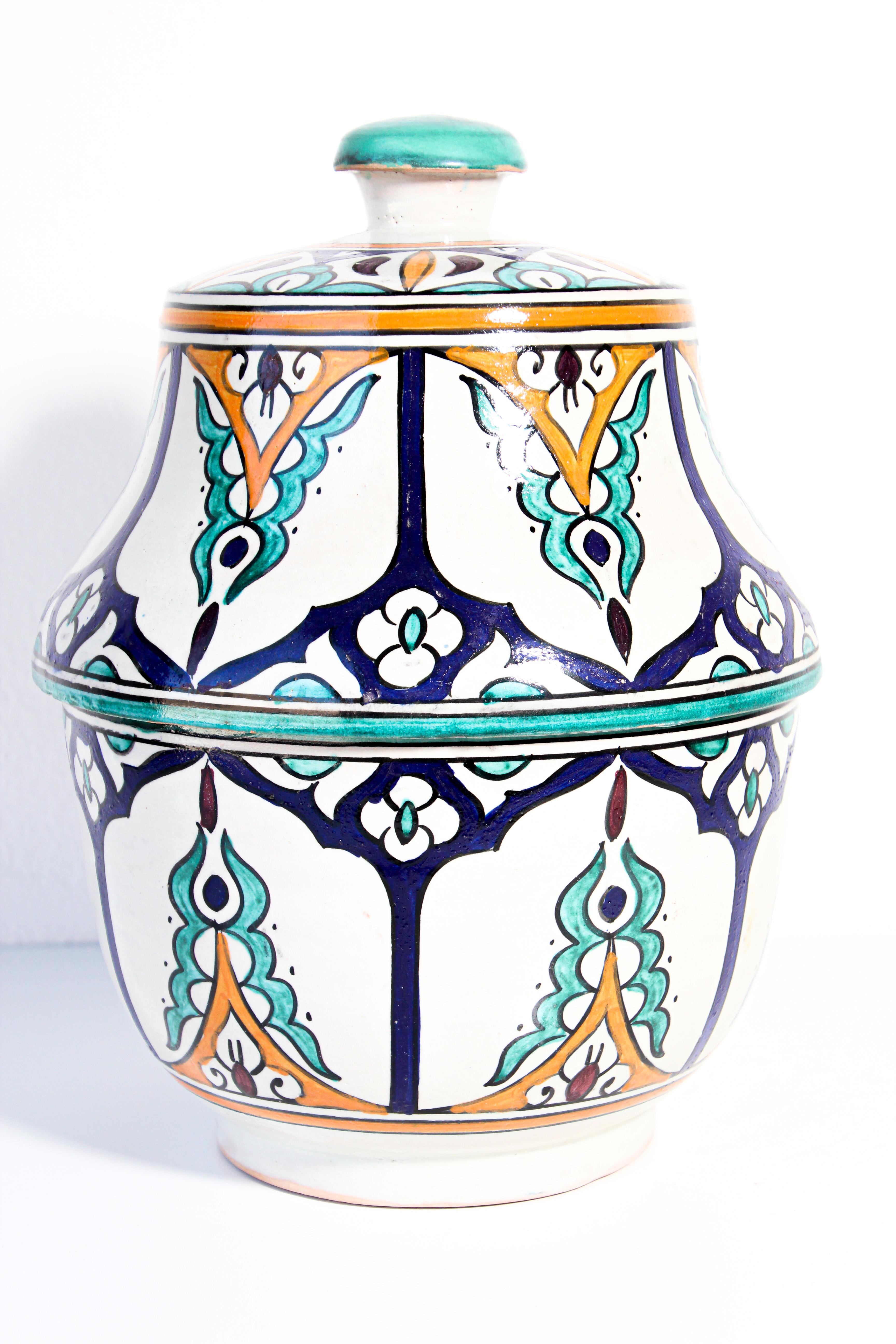 Islamic Moorish Ceramic Glazed Covered Jars Handcrafted in Fez Morocco For Sale