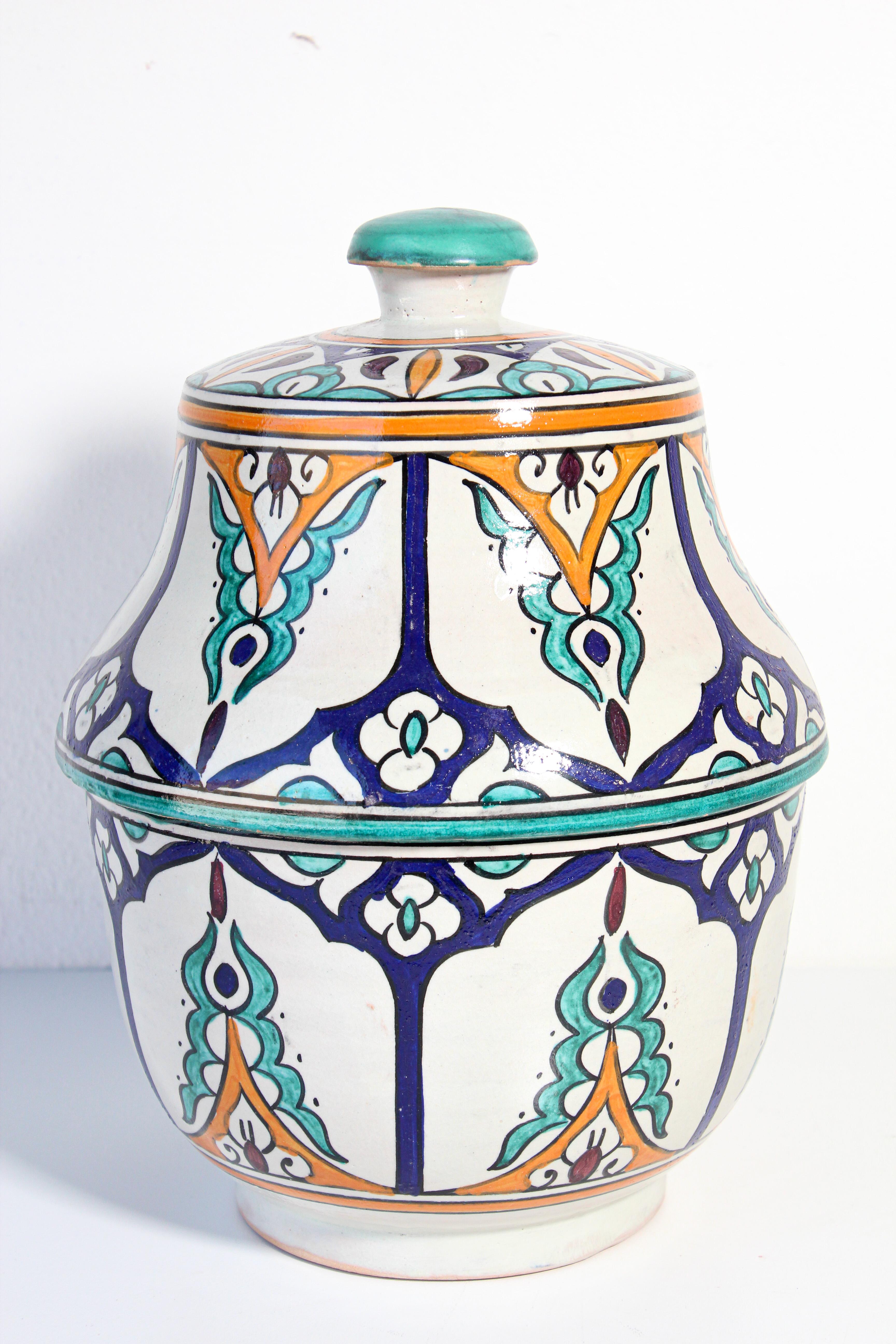 Moroccan Moorish Ceramic Glazed Covered Jars Handcrafted in Fez Morocco For Sale