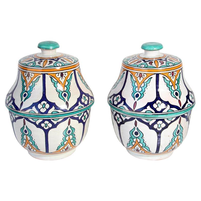 Moorish Ceramic Glazed Covered Jars Handcrafted in Fez Morocco For Sale