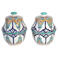 Moorish Ceramic Glazed Covered Jars Handcrafted in Fez Morocco
