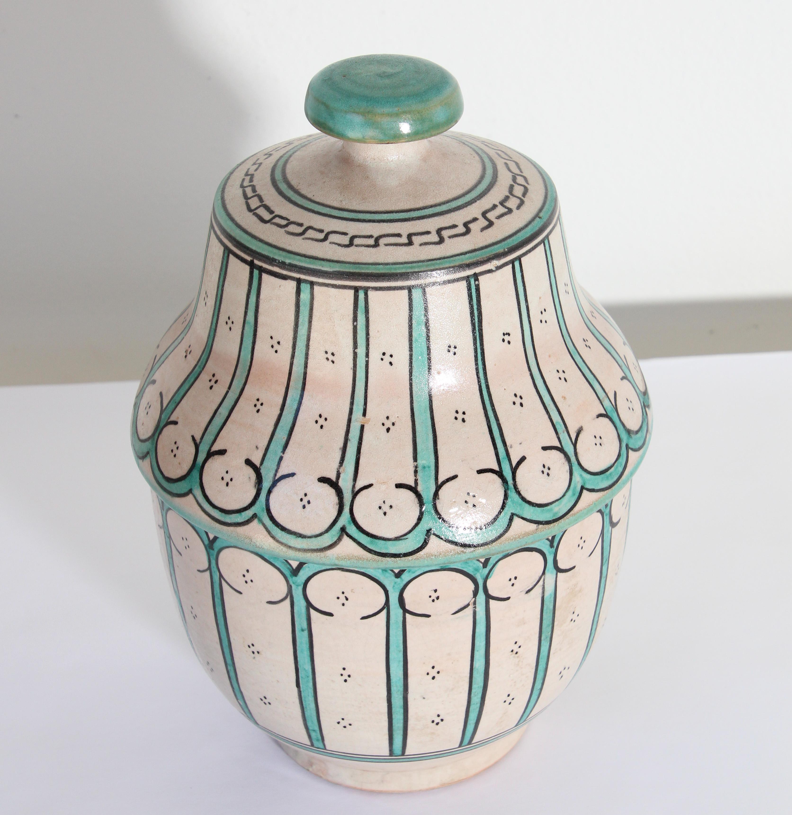 Islamic Moorish Ceramic Glazed Covered Urn Handcrafted in Fez Morocco For Sale