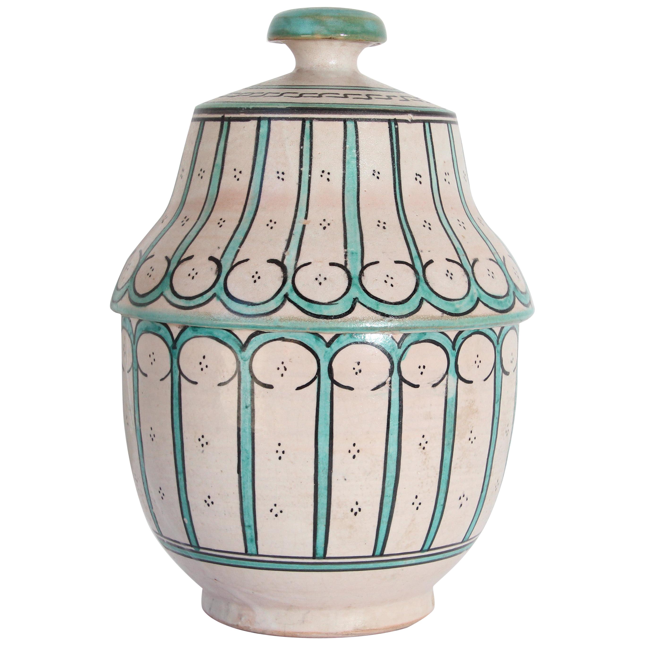 Moorish Ceramic Glazed Covered Urn Handcrafted in Fez Morocco For Sale