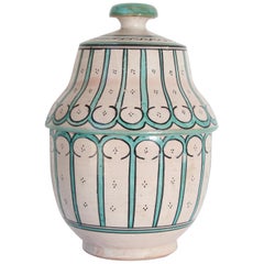 Vintage Moorish Ceramic Glazed Covered Urn Handcrafted in Fez Morocco