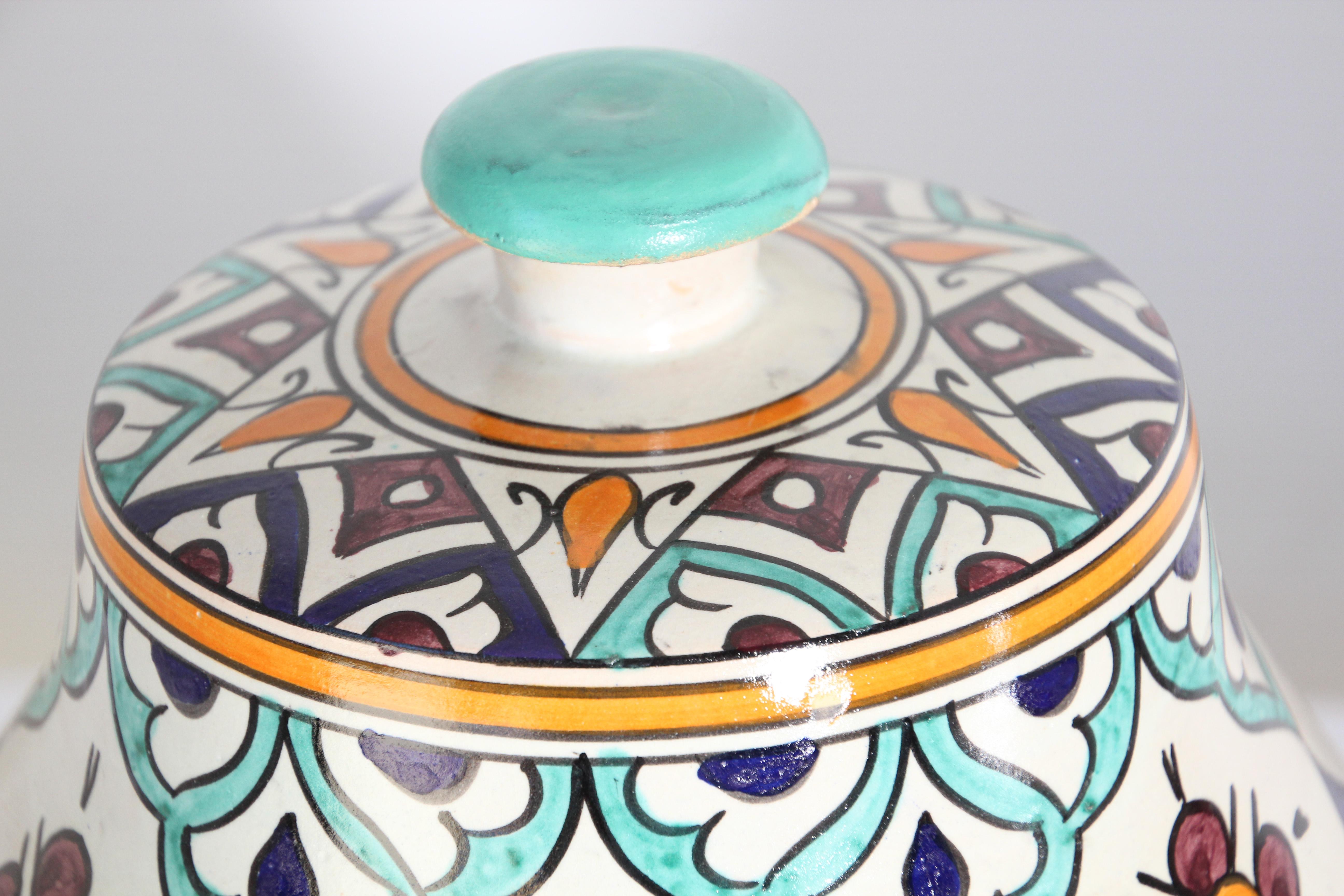 Moorish Ceramic Glazed Covered Urns Handcrafted in Fez Morocco For Sale 7