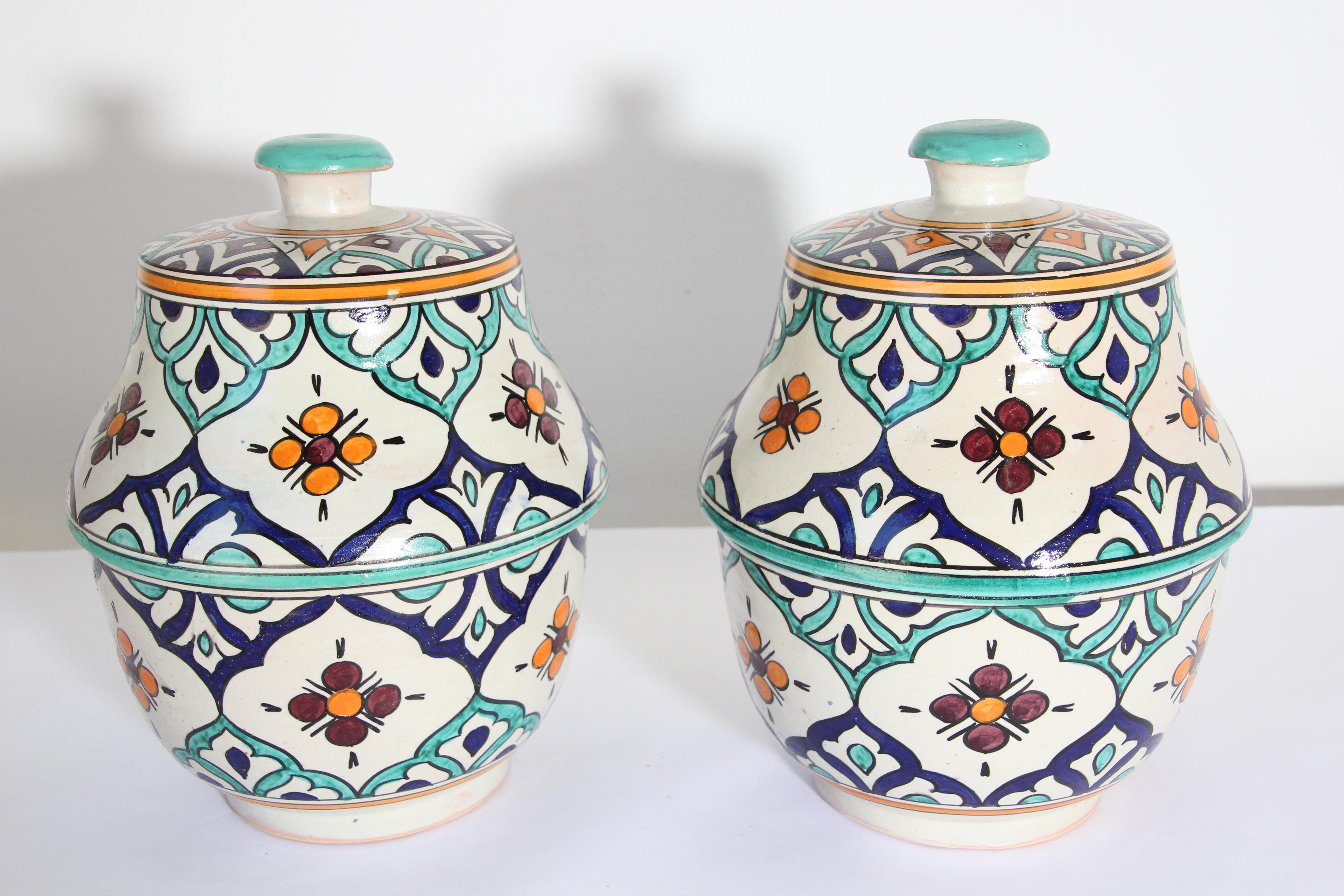 Moroccan Moorish Ceramic Glazed Covered Urns Handcrafted in Fez Morocco For Sale