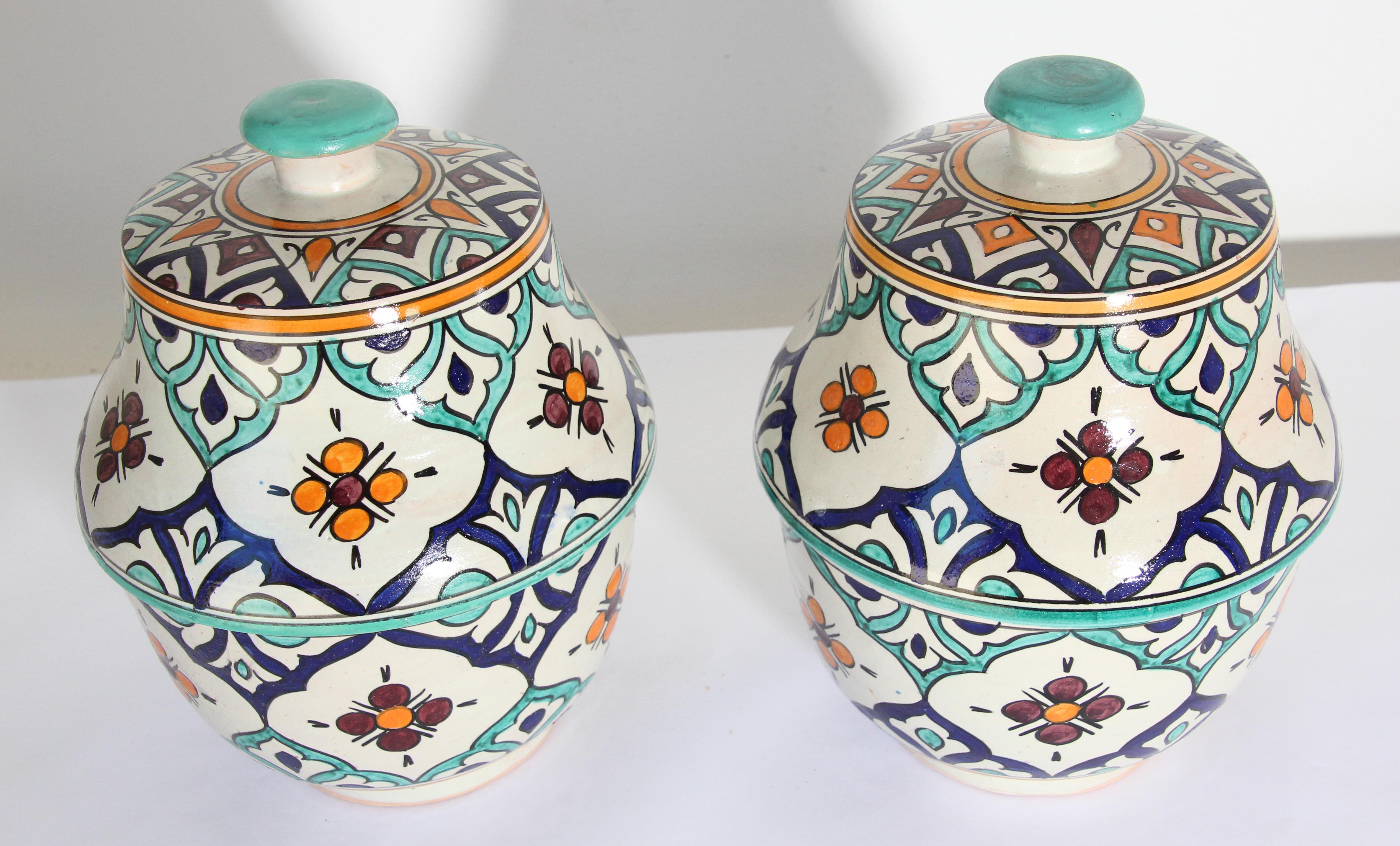 Hand-Crafted Moorish Ceramic Glazed Covered Urns Handcrafted in Fez Morocco For Sale