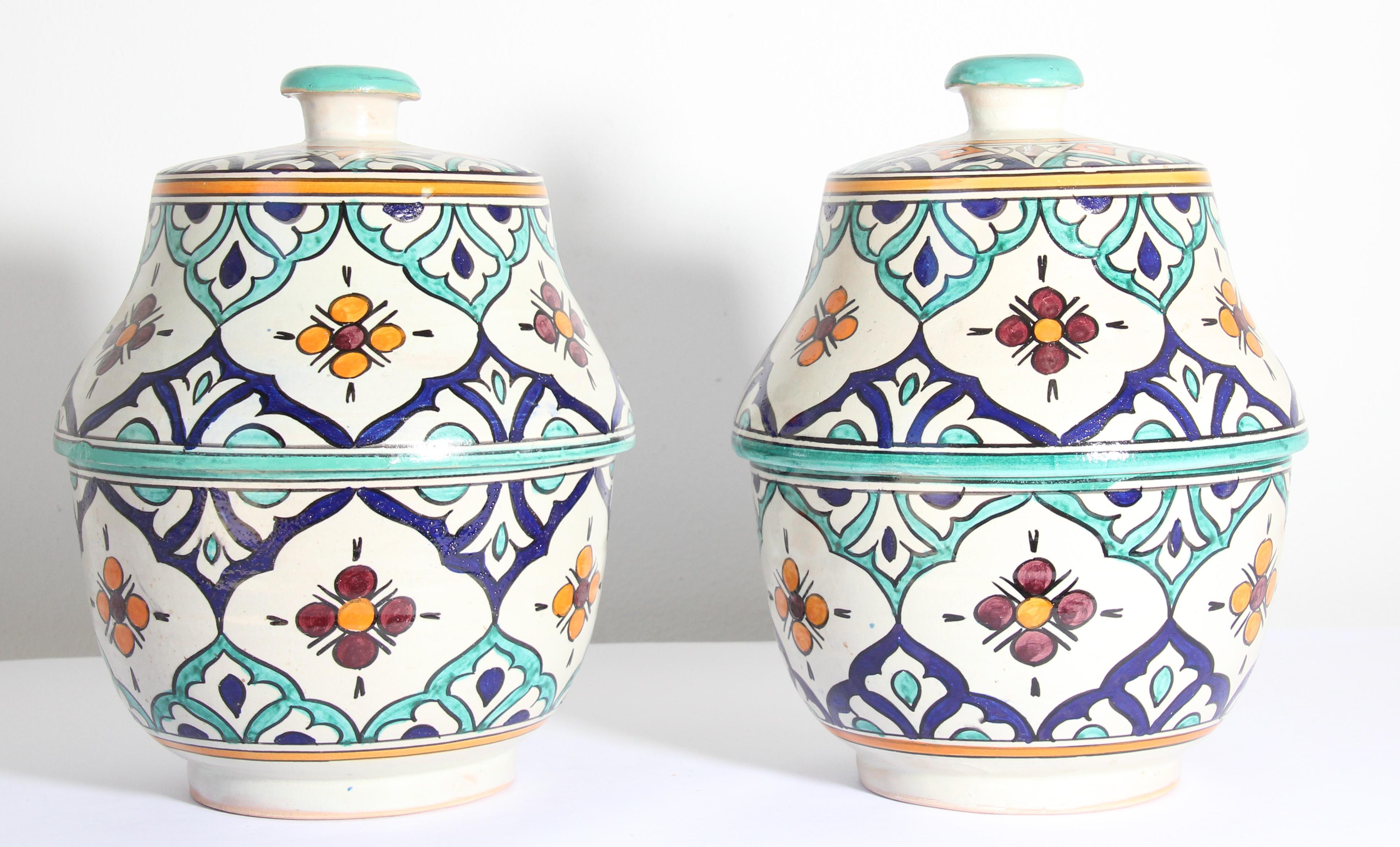 Moorish Ceramic Glazed Covered Urns Handcrafted in Fez Morocco In Good Condition For Sale In North Hollywood, CA
