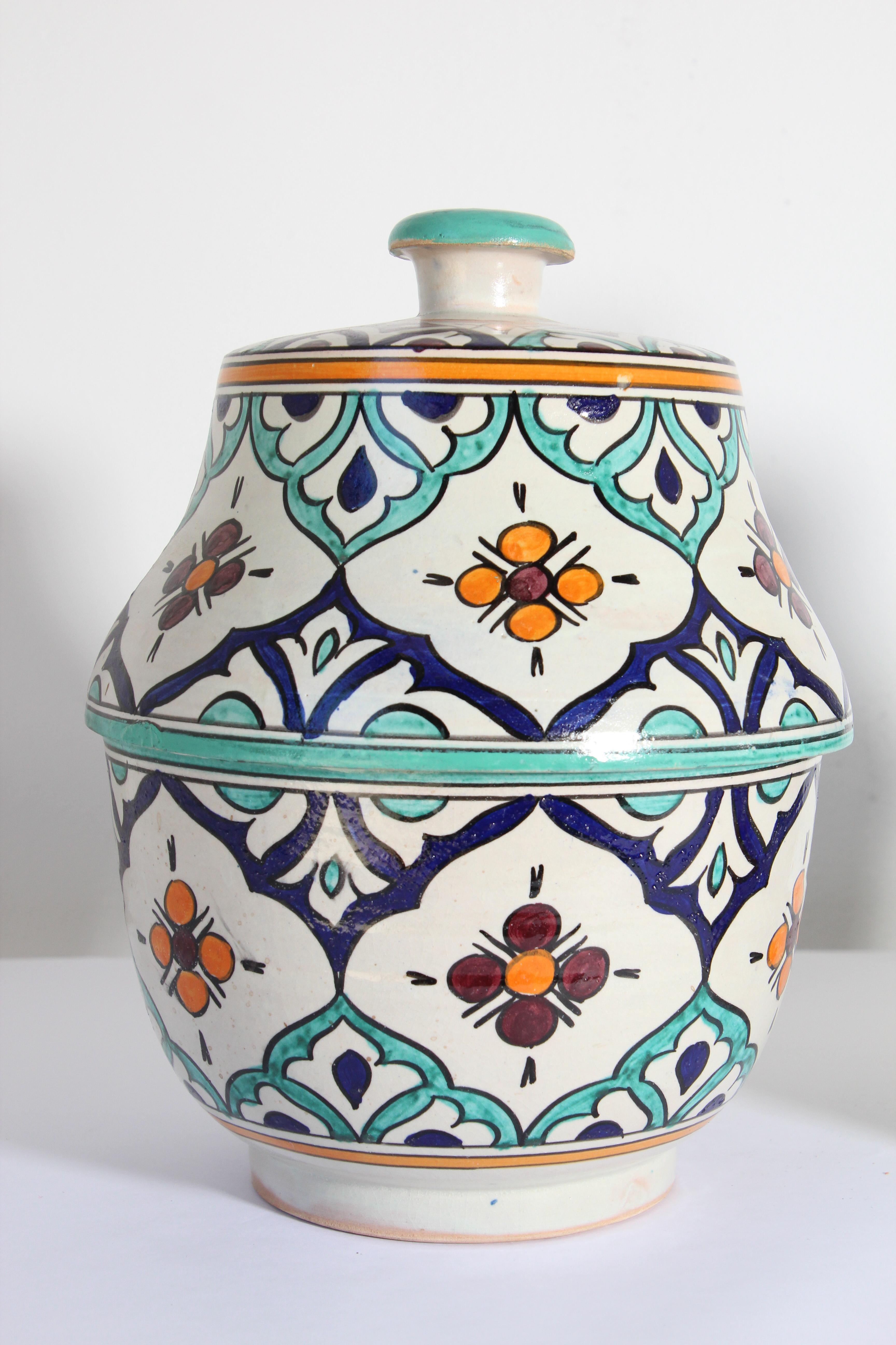 20th Century Moorish Ceramic Glazed Covered Urns Handcrafted in Fez Morocco For Sale