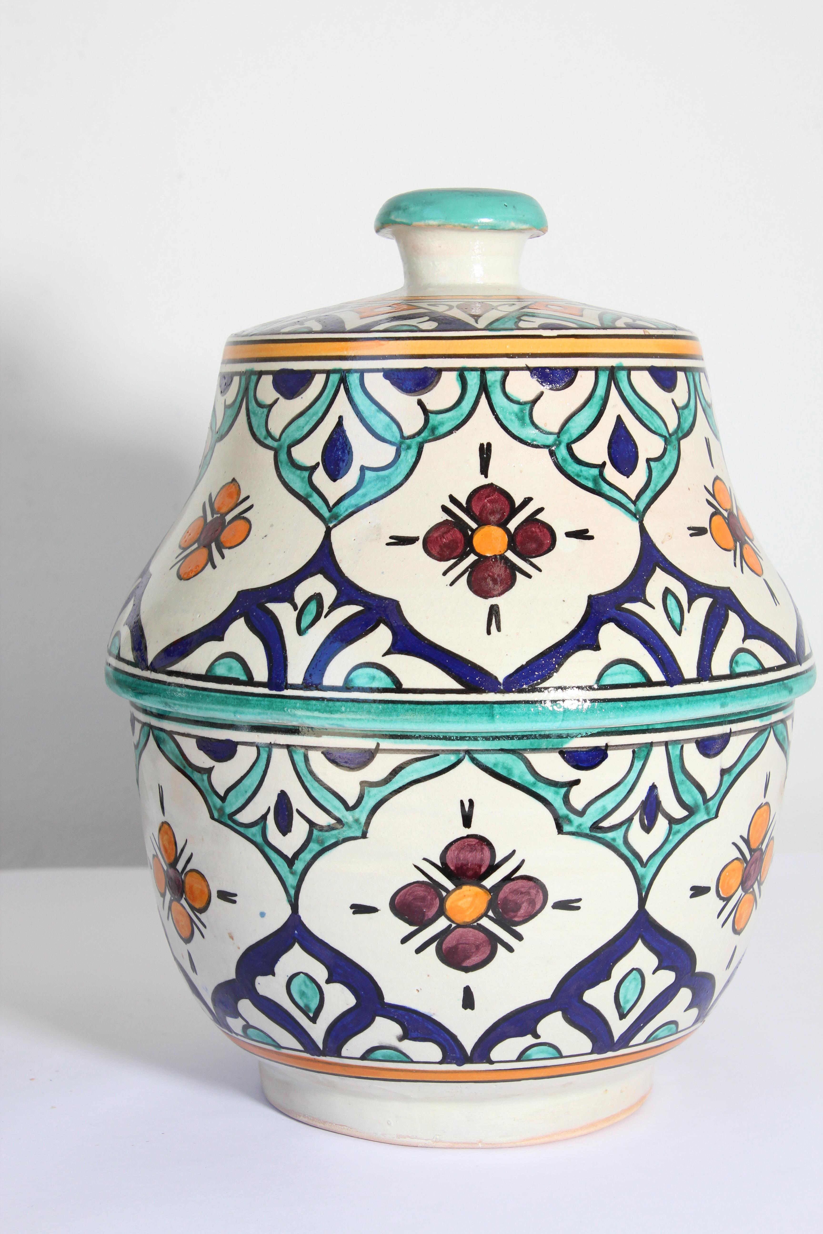 Moorish Ceramic Glazed Covered Urns Handcrafted in Fez Morocco For Sale 1
