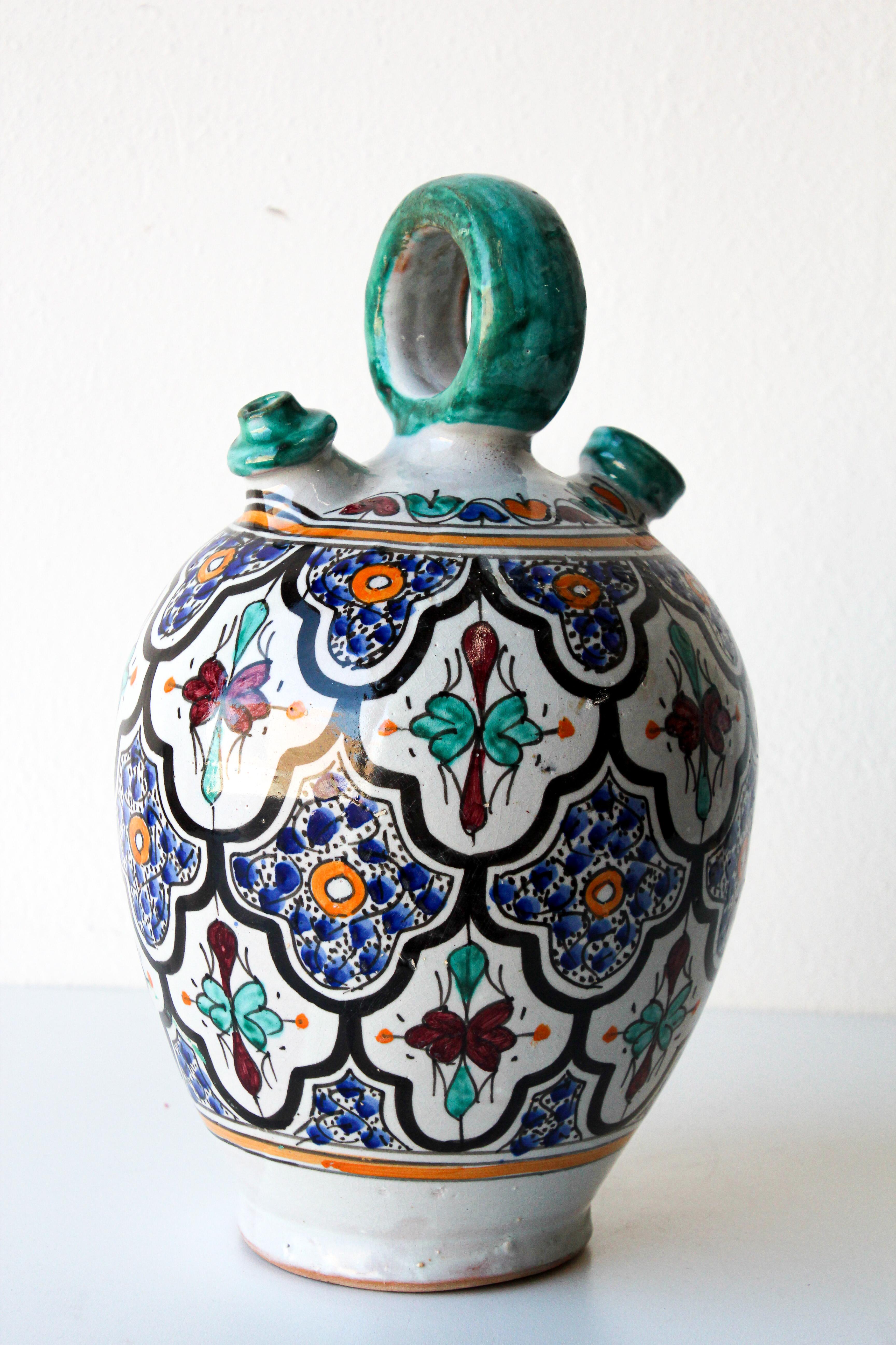 20th Century Moorish Ceramic Glazed Water Jug Handcrafted in Fez Morocco For Sale