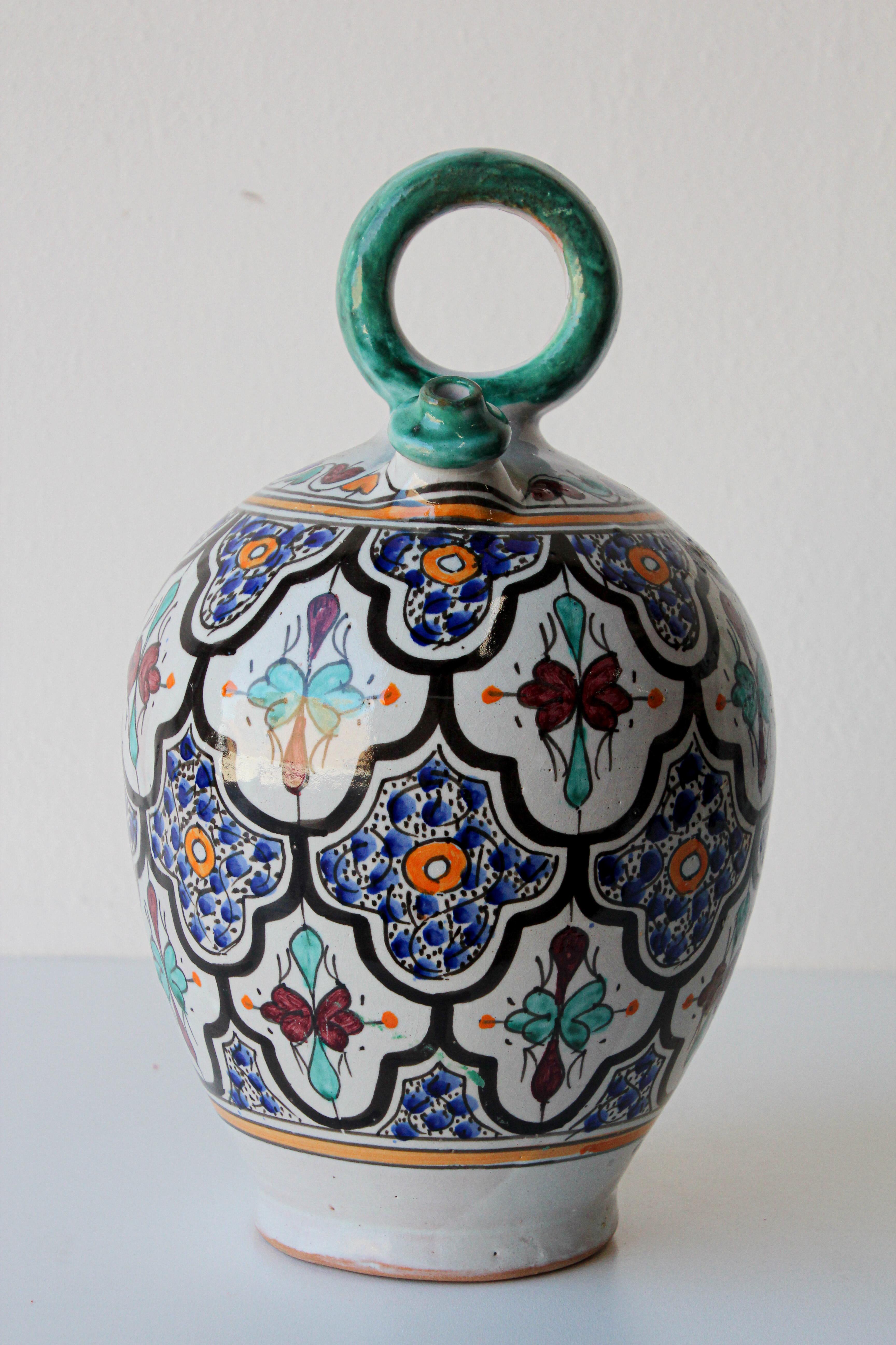 Moorish Ceramic Glazed Water Jug Handcrafted in Fez Morocco For Sale 1