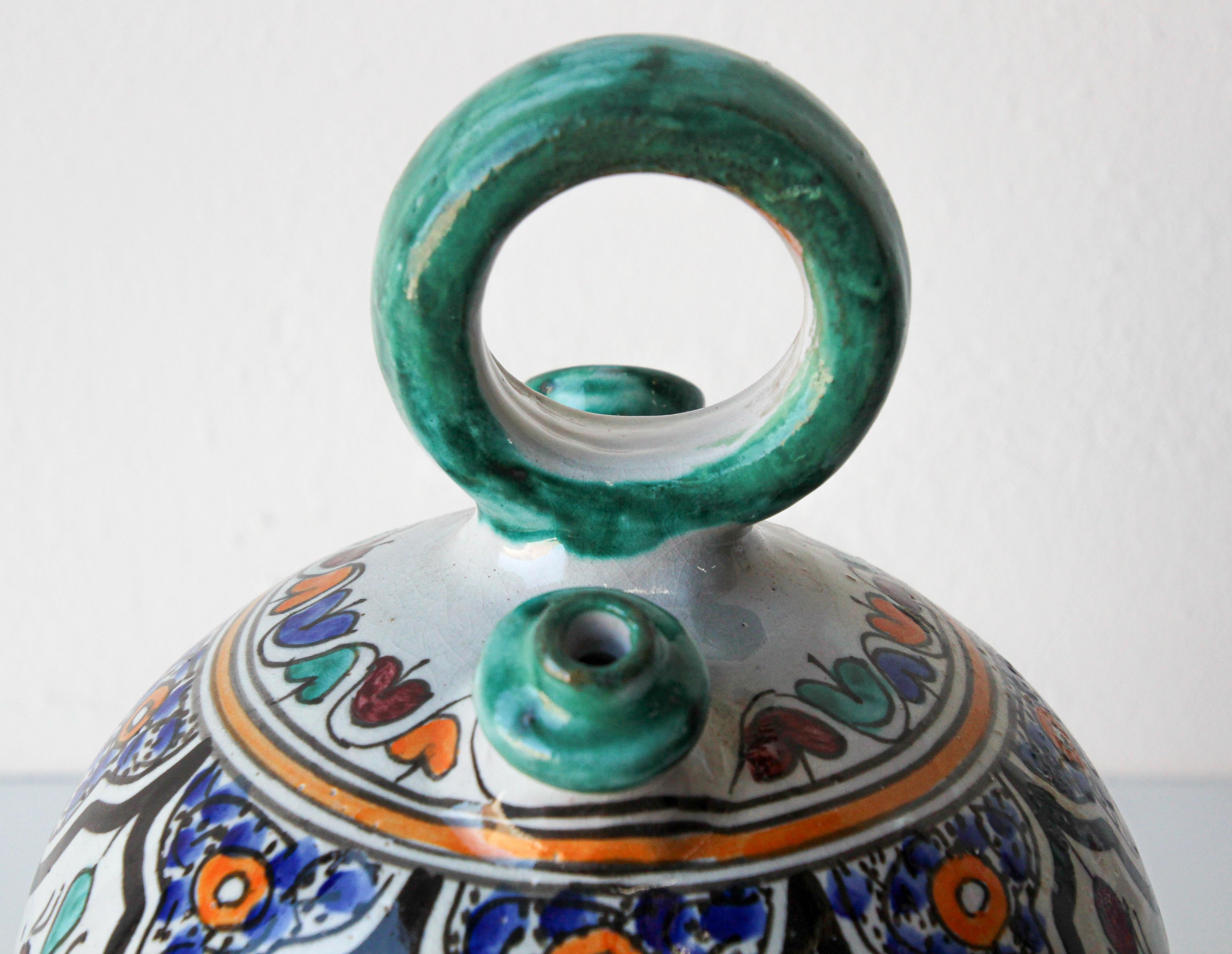 Moorish Ceramic Glazed Water Jug Handcrafted in Fez Morocco For Sale 2