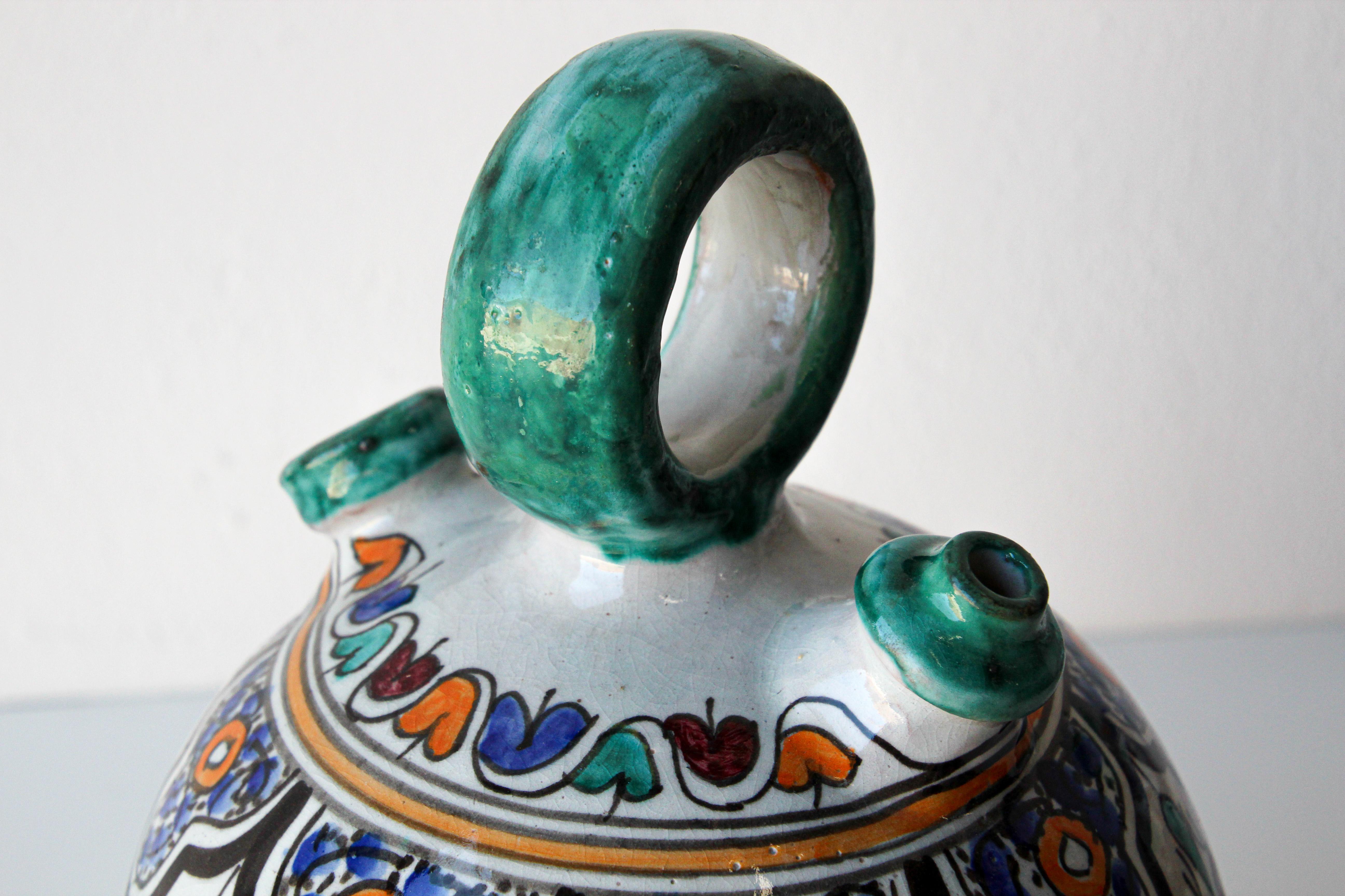 Moorish Ceramic Glazed Water Jug Handcrafted in Fez Morocco For Sale 5