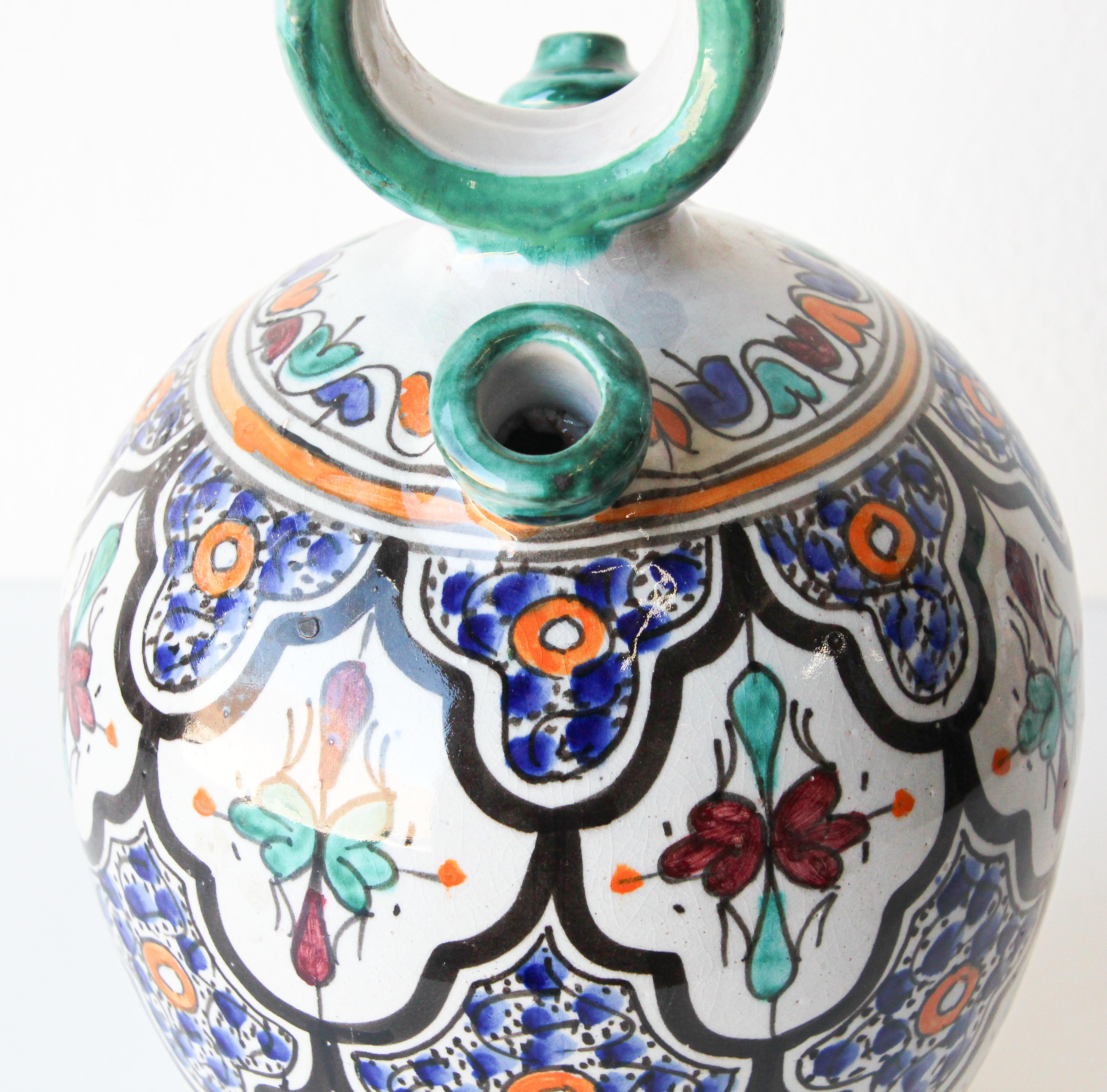 Islamic Moorish Ceramic Glazed Water Jug Handcrafted in Fez Morocco For Sale