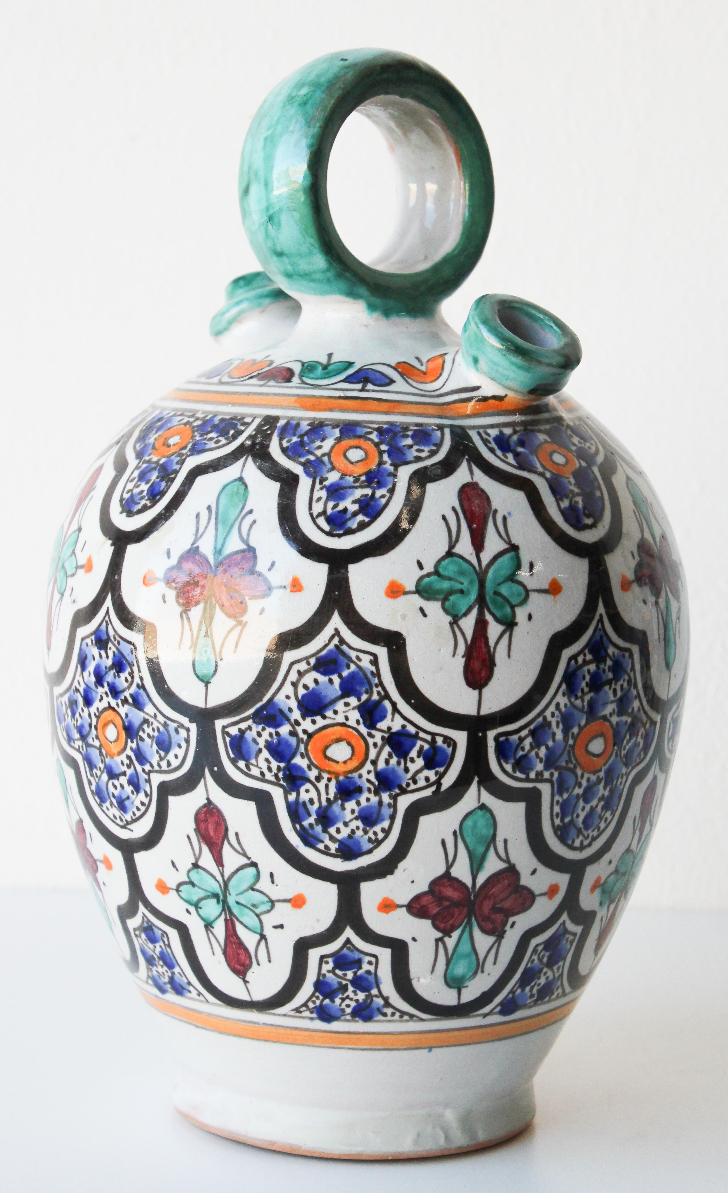 Hand-Crafted Moorish Ceramic Glazed Water Jug Handcrafted in Fez Morocco For Sale