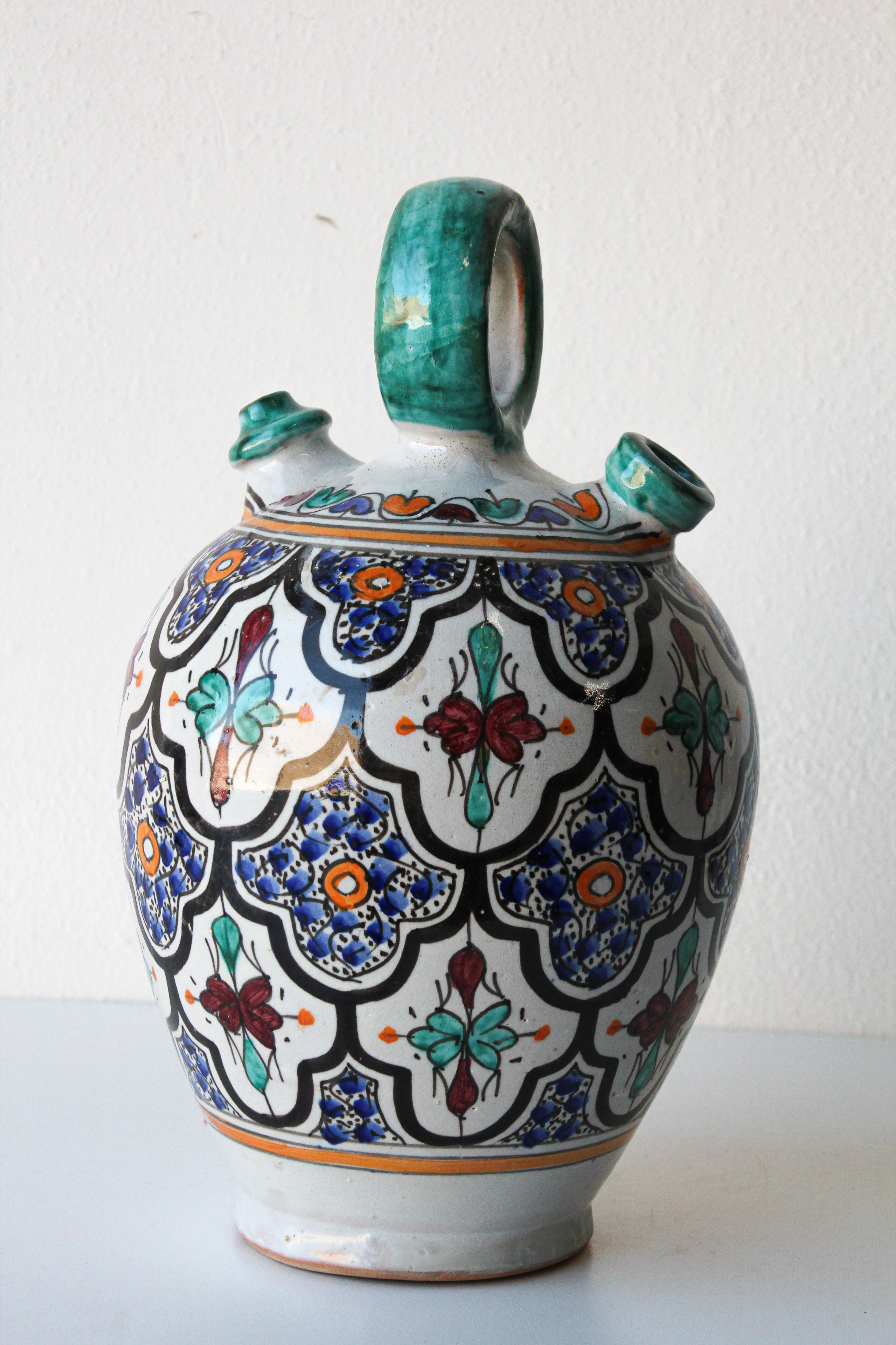 Moorish Ceramic Glazed Water Jug Handcrafted in Fez Morocco In Good Condition For Sale In North Hollywood, CA