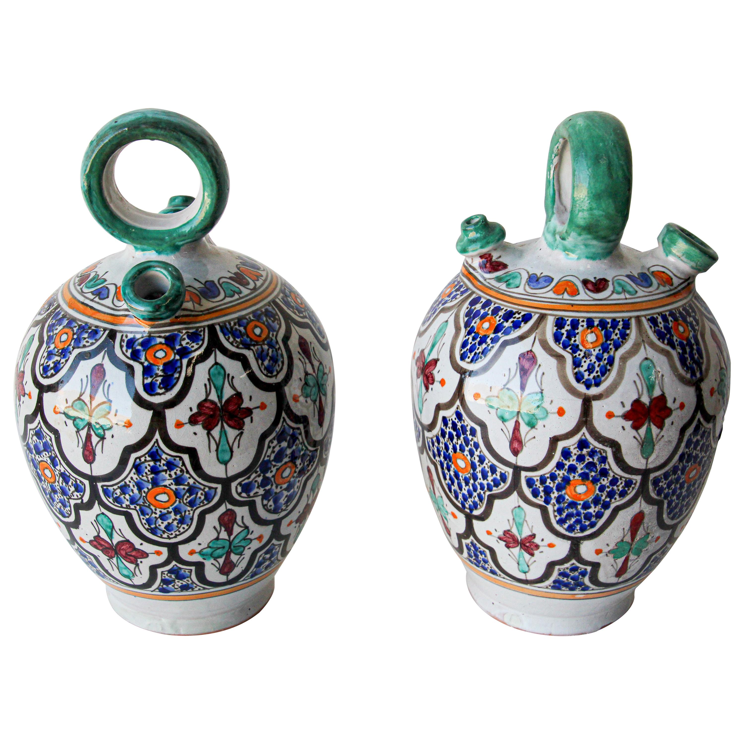 Moorish Ceramic Glazed Water Jug Handcrafted in Fez Morocco For Sale