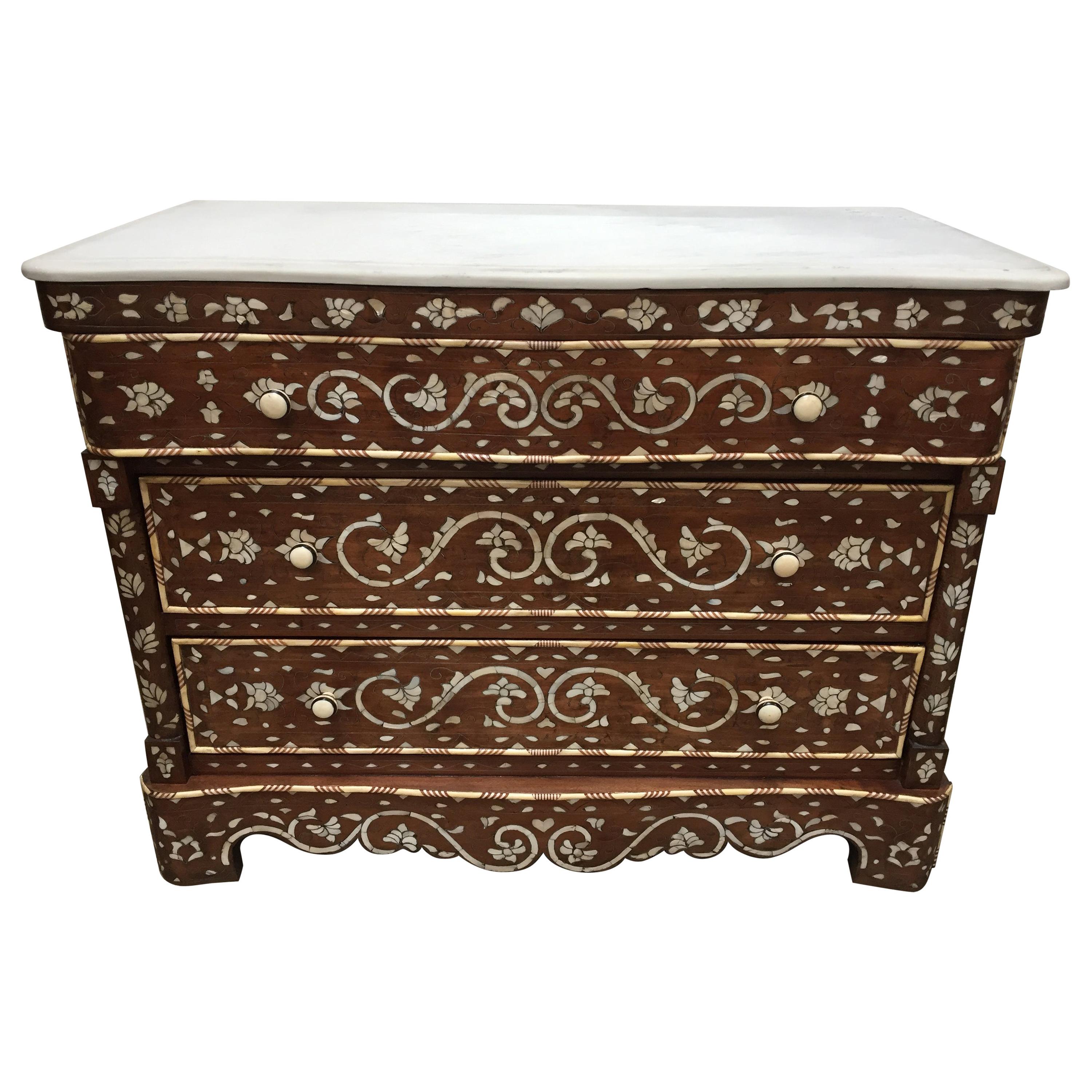 Middle Eastern style Moroccan chest of drawer.
Fabulous Moorish artwork, handcrafted wedding dresser with three drawers.
Moorish Moroccan dresser with mother of pearl  shell inlay in intricate Islamic and floral designs.
Moorish dowry chest of