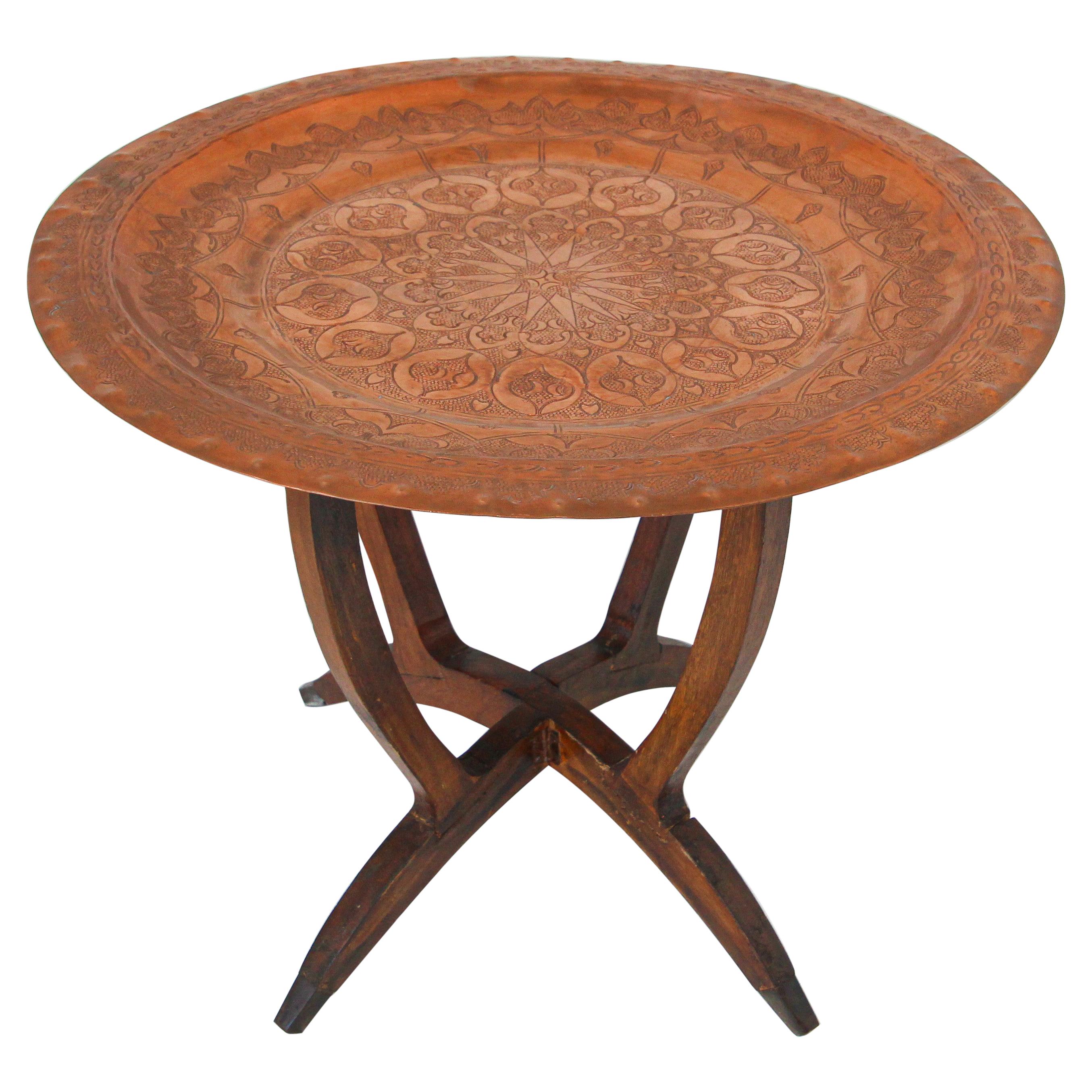 Moorish Copper Tray Side Table on Spider-Leg, 1950