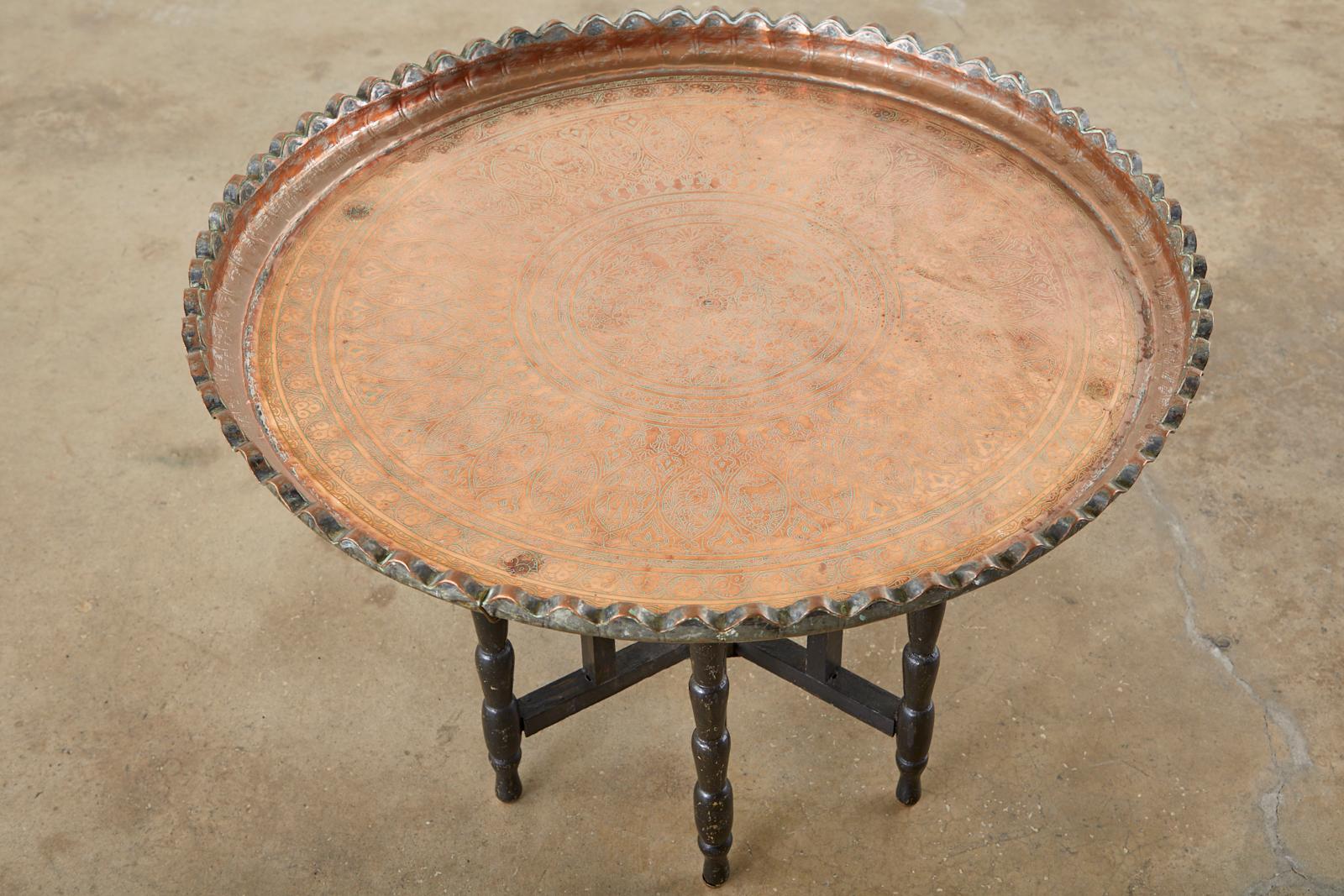 Turkish Moorish Copper Tray Table with Folding Base