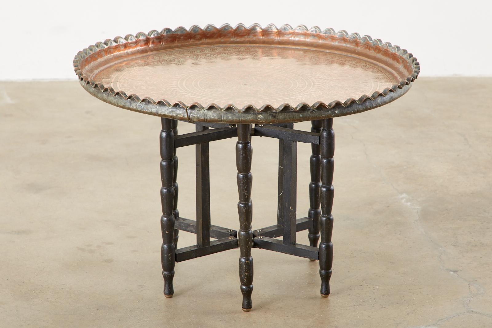 Ebonized Moorish Copper Tray Table with Folding Base
