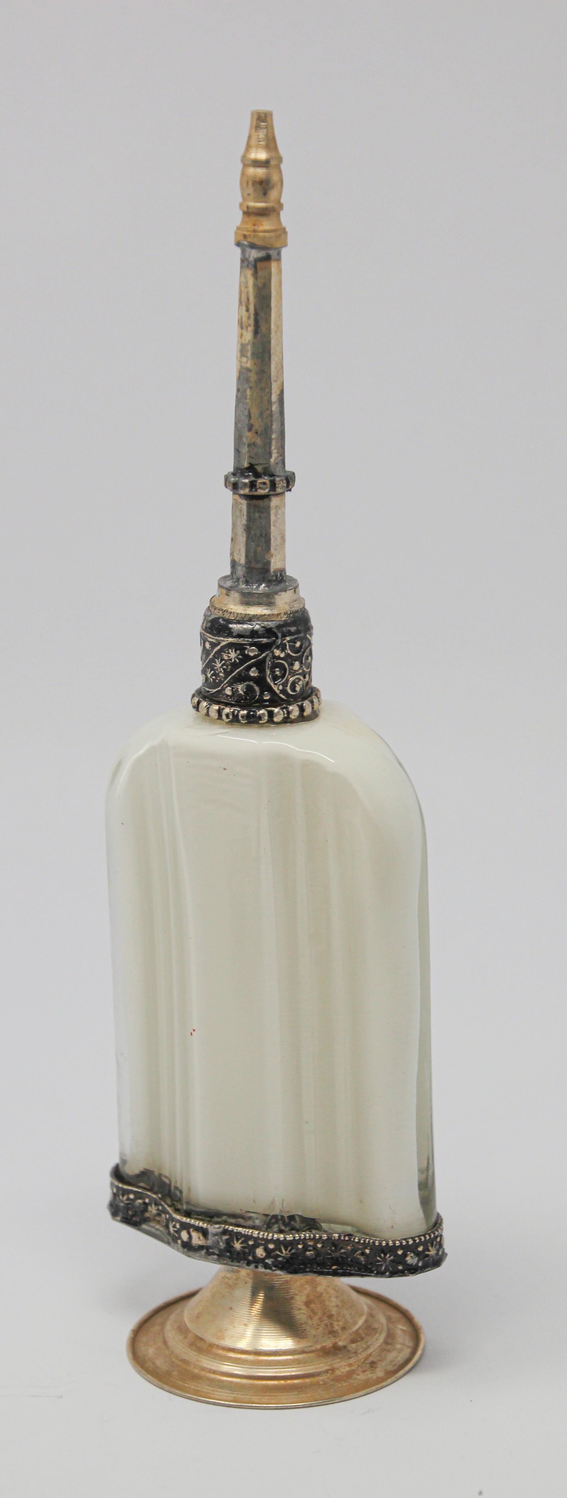 Moroccan Moorish Decorative Glass Perfume Bottle Sprinkler with Embossed Metal Overlay