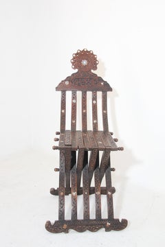 Antique Egyptian Moorish Carved Walnut Mother-of-Pearl Inlaid Folding Chair