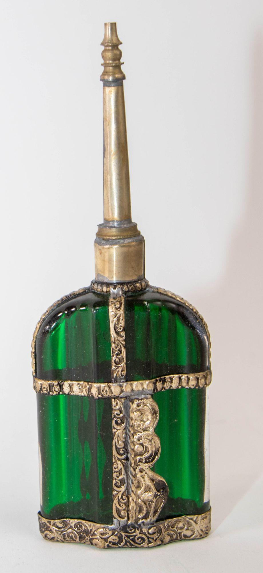 Moorish Emerald Green Glass Perfume Bottle Sprinkler with Embossed Metal Overlay For Sale 1