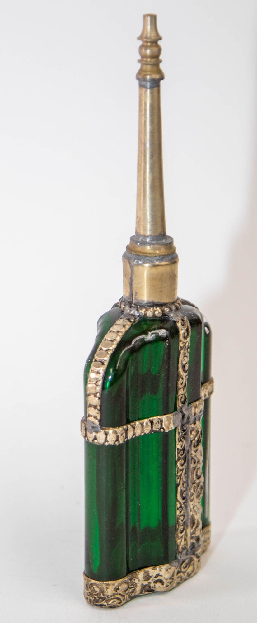 Moorish Emerald Green Glass Perfume Bottle Sprinkler with Embossed Metal Overlay For Sale 3