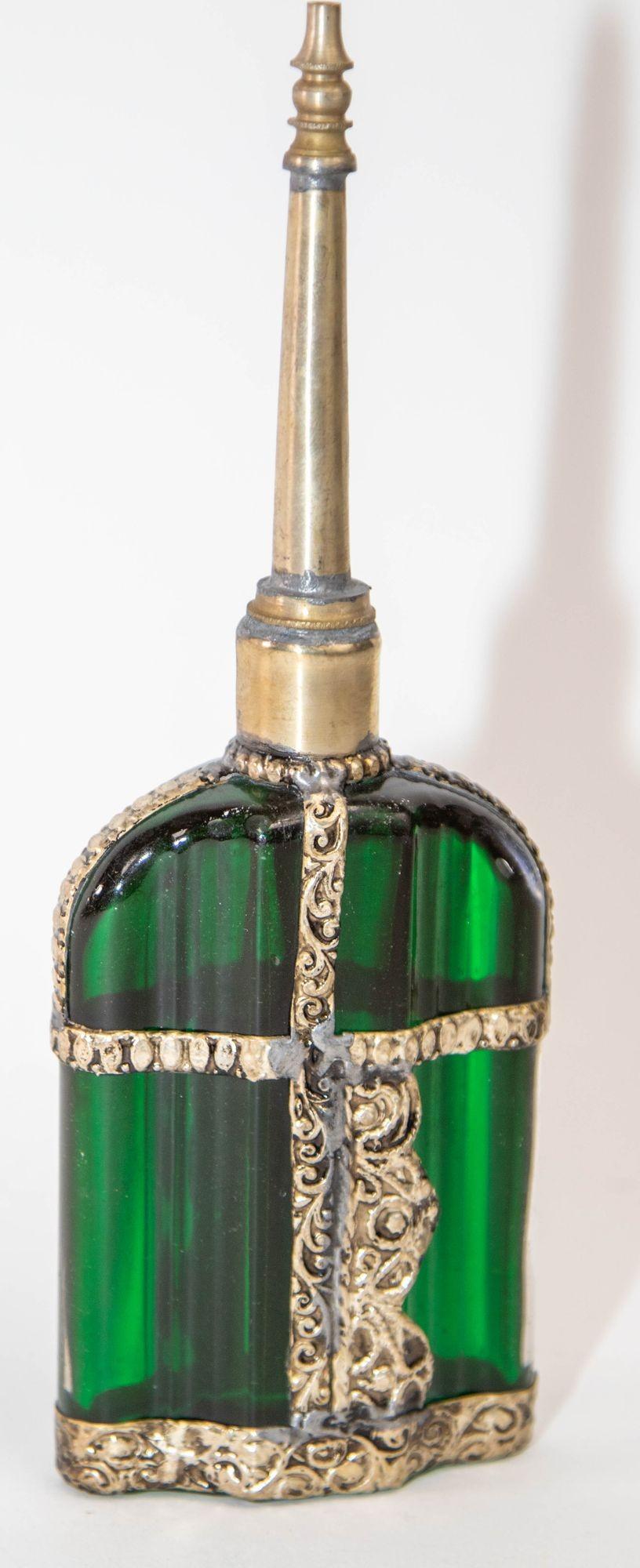 Moorish Emerald Green Glass Perfume Bottle Sprinkler with Embossed Metal Overlay For Sale 4