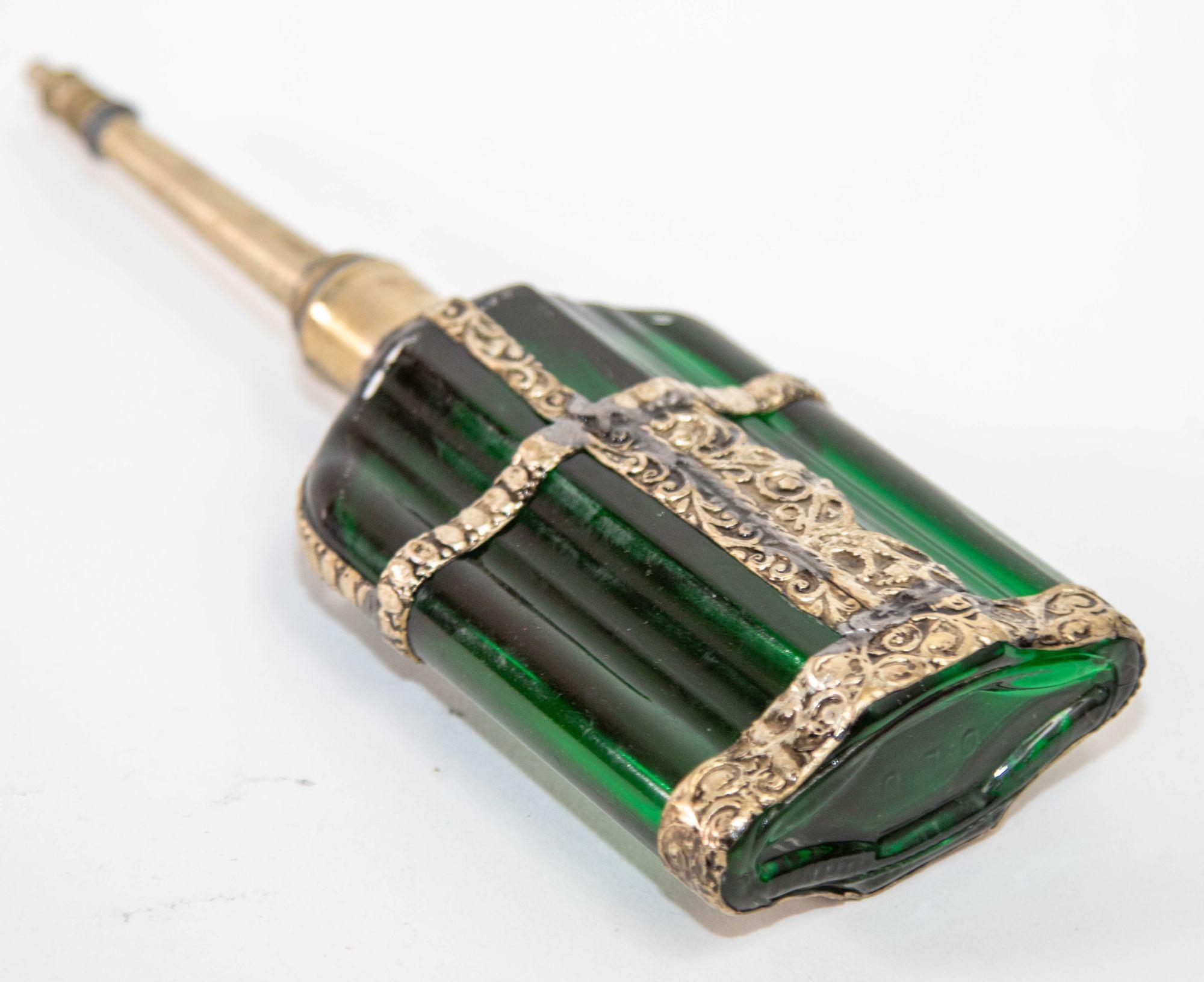 Moorish Emerald Green Glass Perfume Bottle Sprinkler with Embossed Metal Overlay For Sale 5