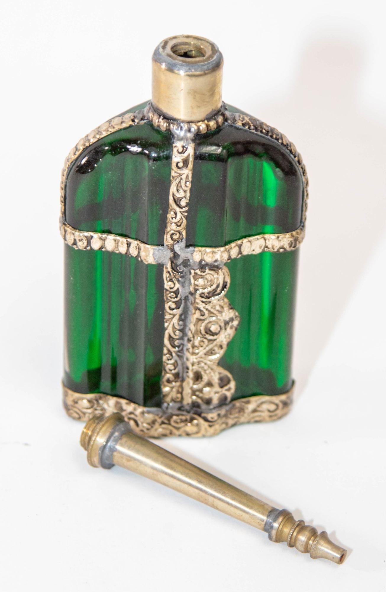 Moorish Emerald Green Glass Perfume Bottle Sprinkler with Embossed Metal Overlay For Sale 6