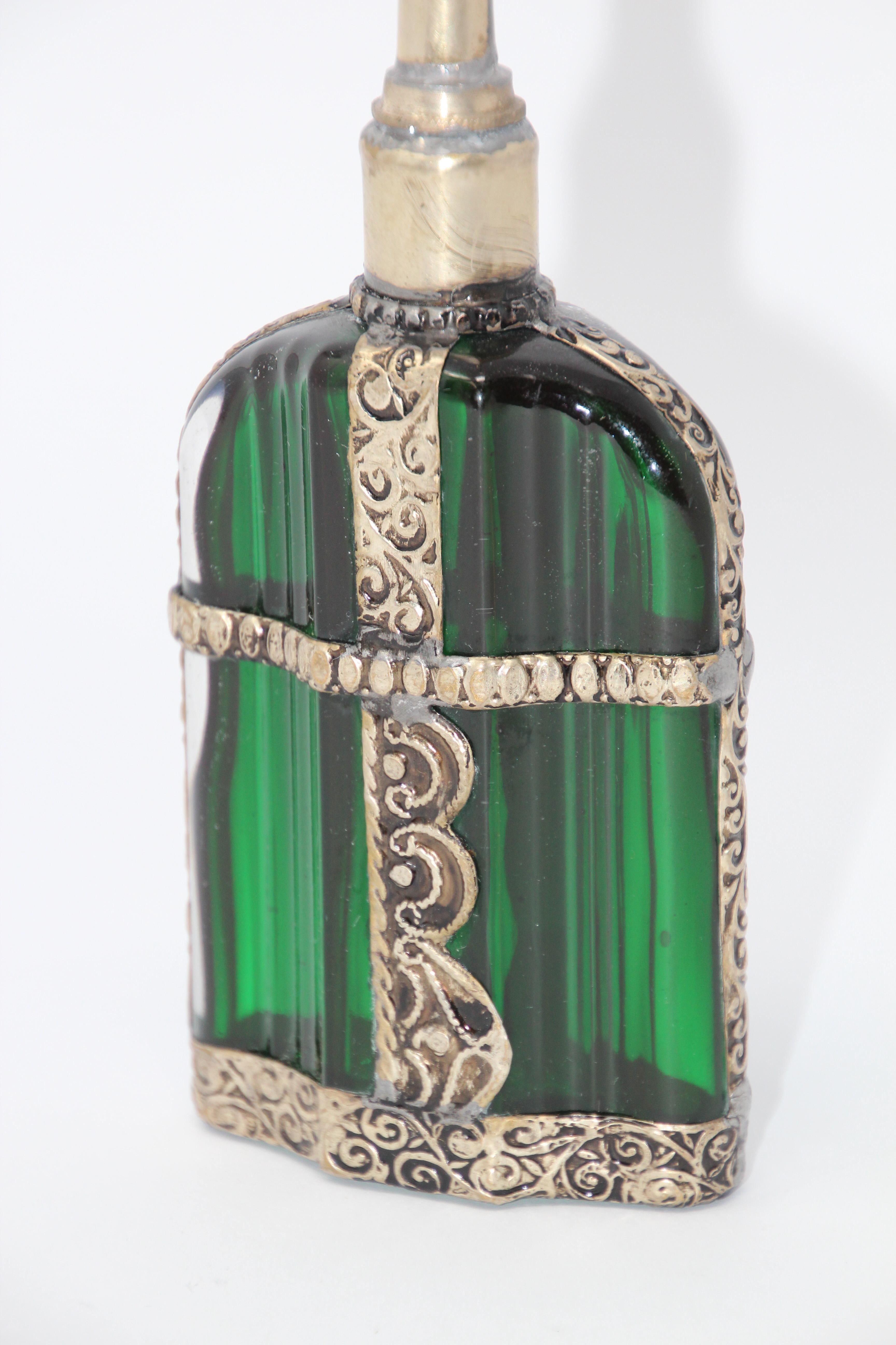 Moroccan Moorish Emerald Green Glass Perfume Bottle Sprinkler with Embossed Metal Overlay For Sale