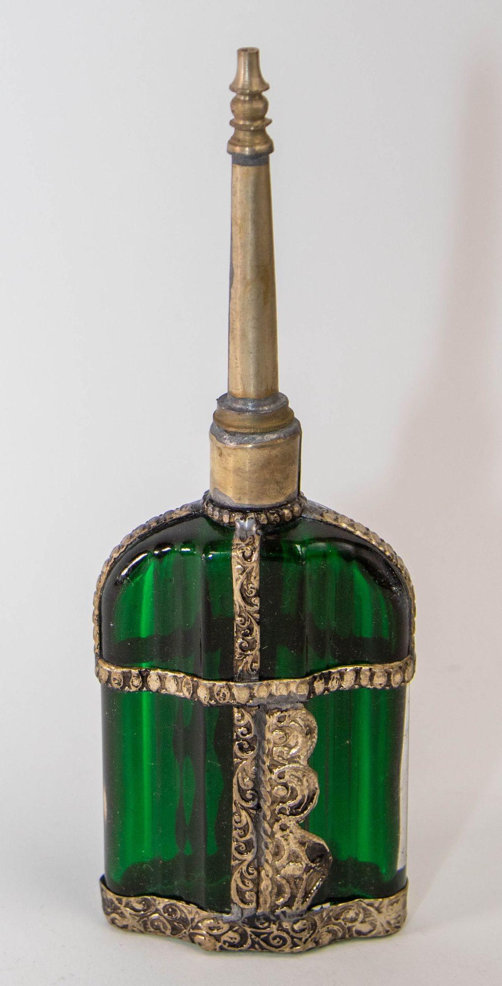 20th Century Moorish Emerald Green Glass Perfume Bottle Sprinkler with Embossed Metal Overlay For Sale