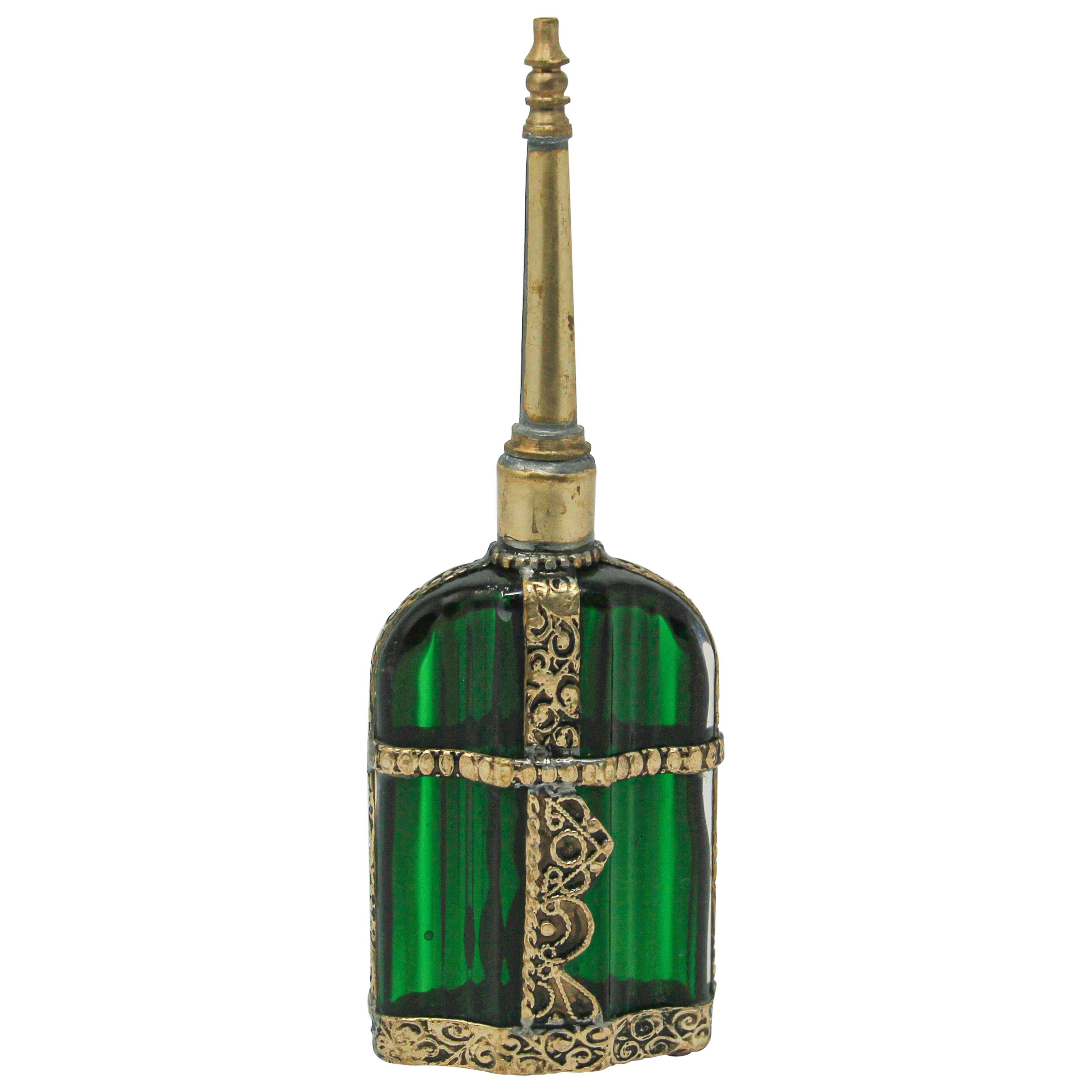 Moorish Emerald Green Glass Perfume Bottle Sprinkler with Embossed Metal Overlay