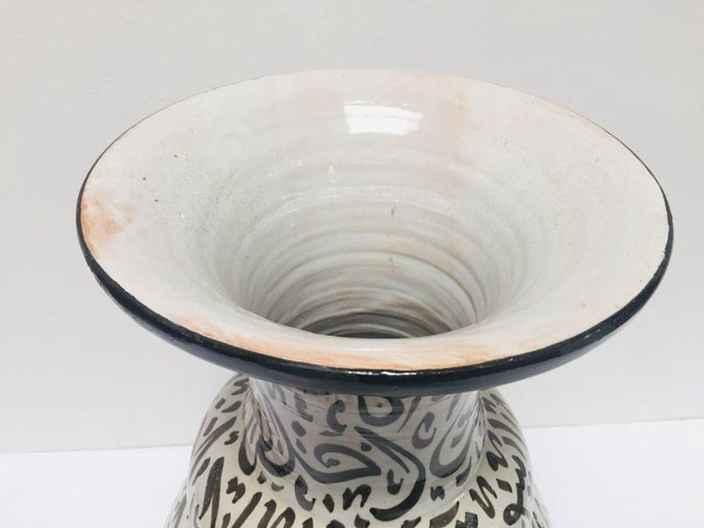 Islamic Moroccan Ceramic Vase with Arabic Black Calligraphy Writing Moorish Glazed Fez For Sale