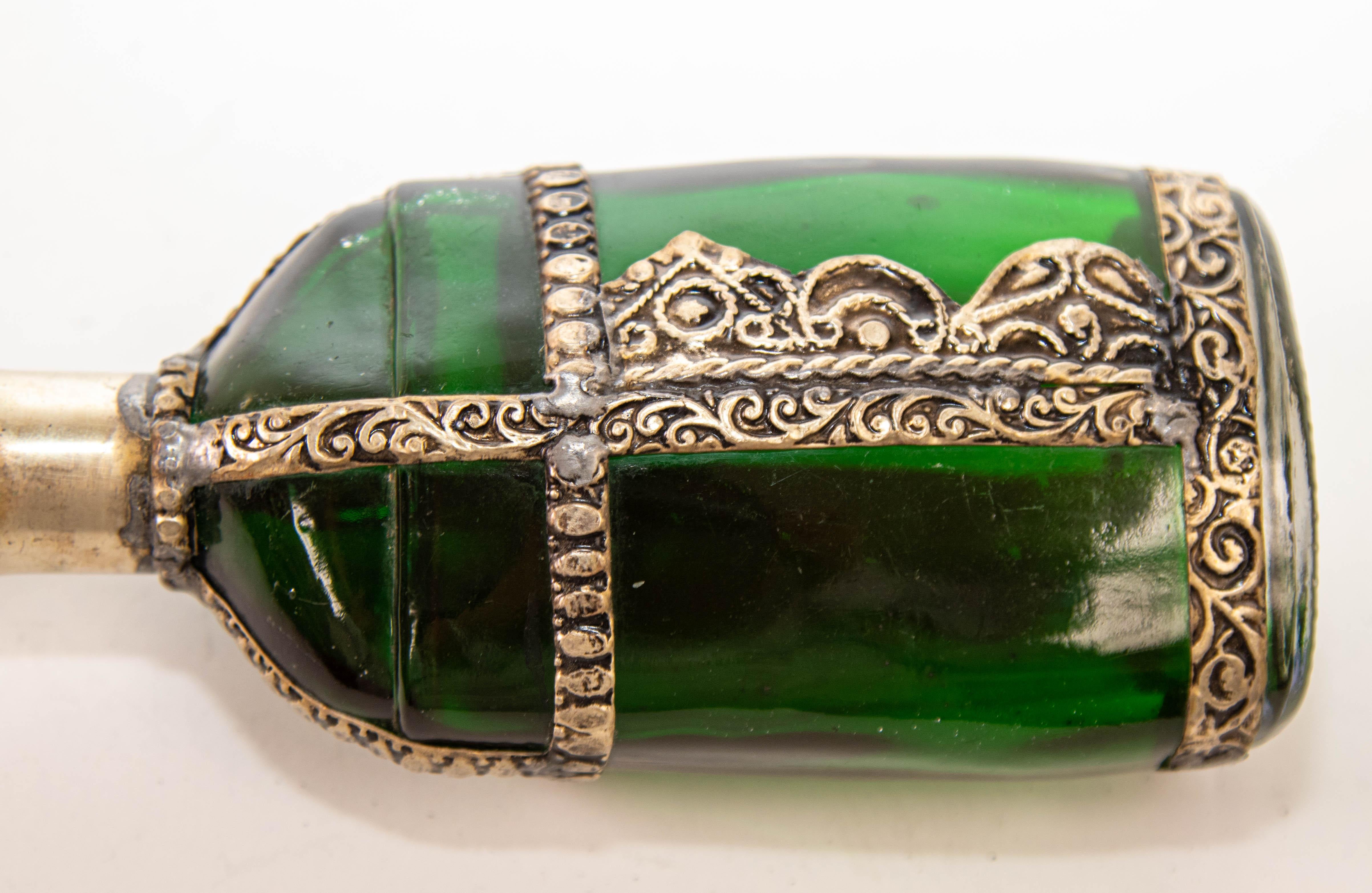 Moorish Green Glass Perfume Bottle Sprinkler with Embossed Metal Overlay For Sale 6