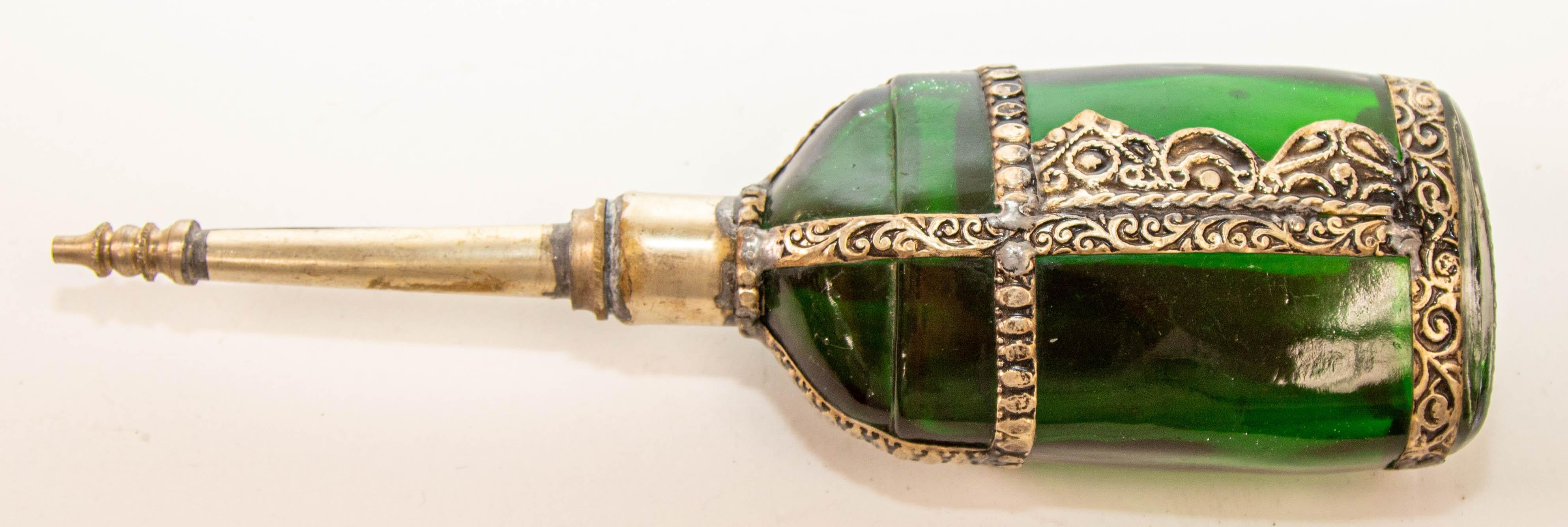 Moorish Green Glass Perfume Bottle Sprinkler with Embossed Metal Overlay For Sale 7