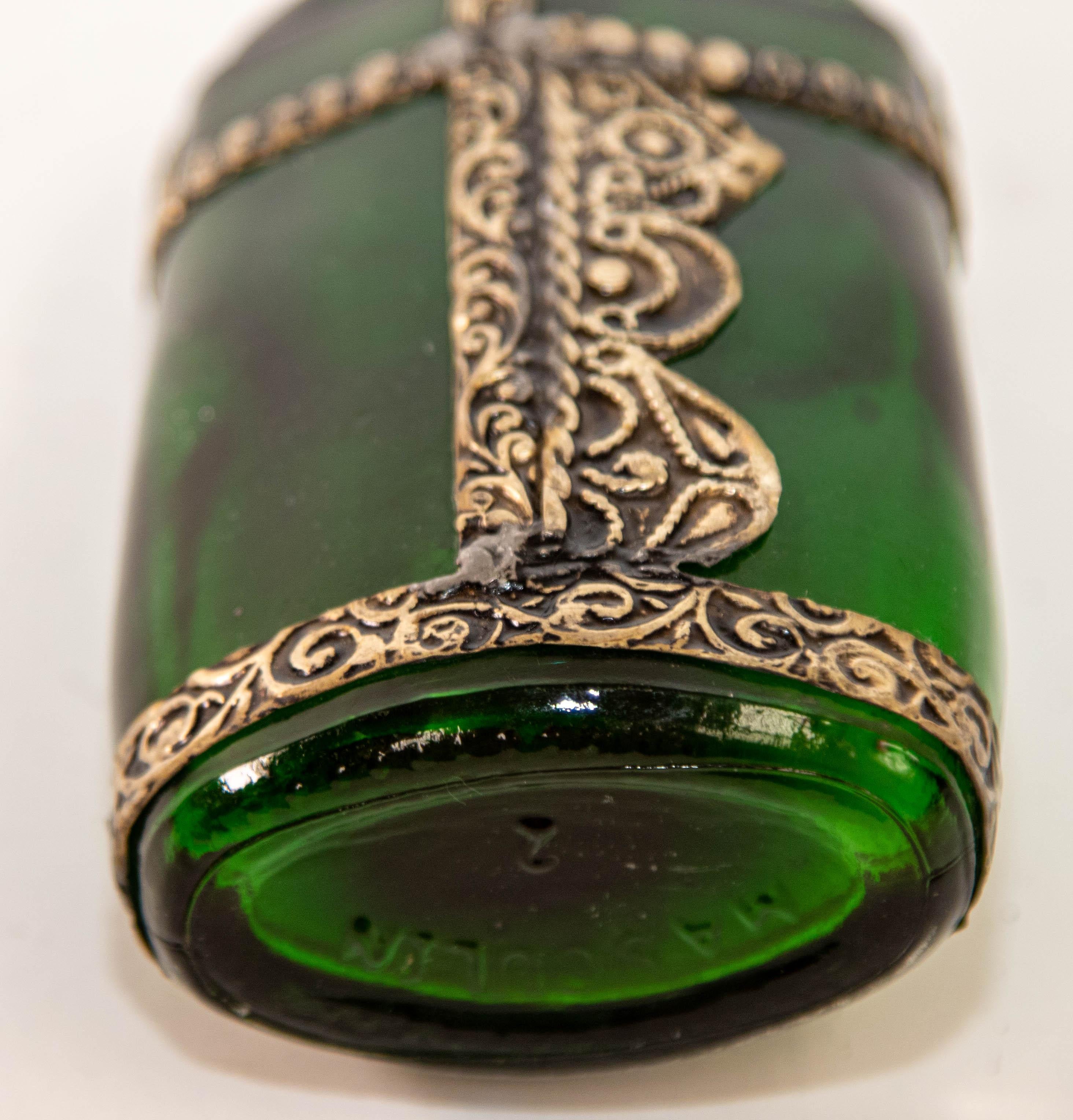 Moorish Green Glass Perfume Bottle Sprinkler with Embossed Metal Overlay For Sale 8