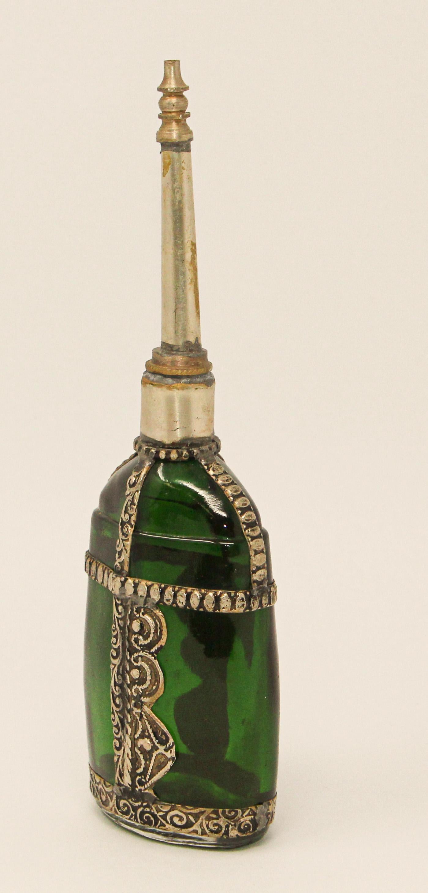 Moroccan Moorish Green Glass Perfume Bottle Sprinkler with Embossed Metal Overlay